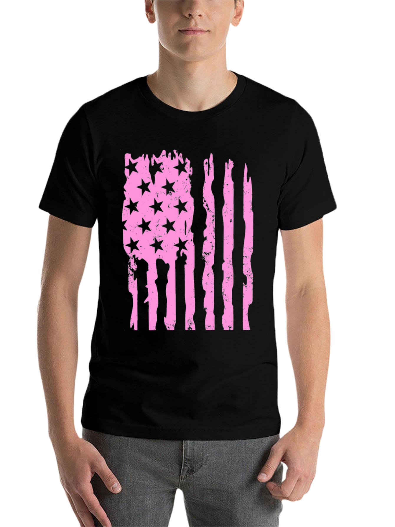 Black Distressed American Flag T-Shirt - Pink view 7