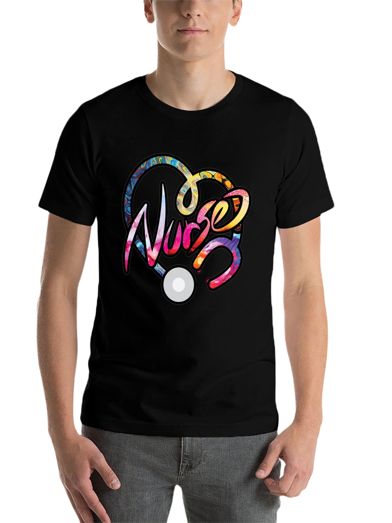 Black Nurse Heart Stethoscope Graphic T-Shirt view 7