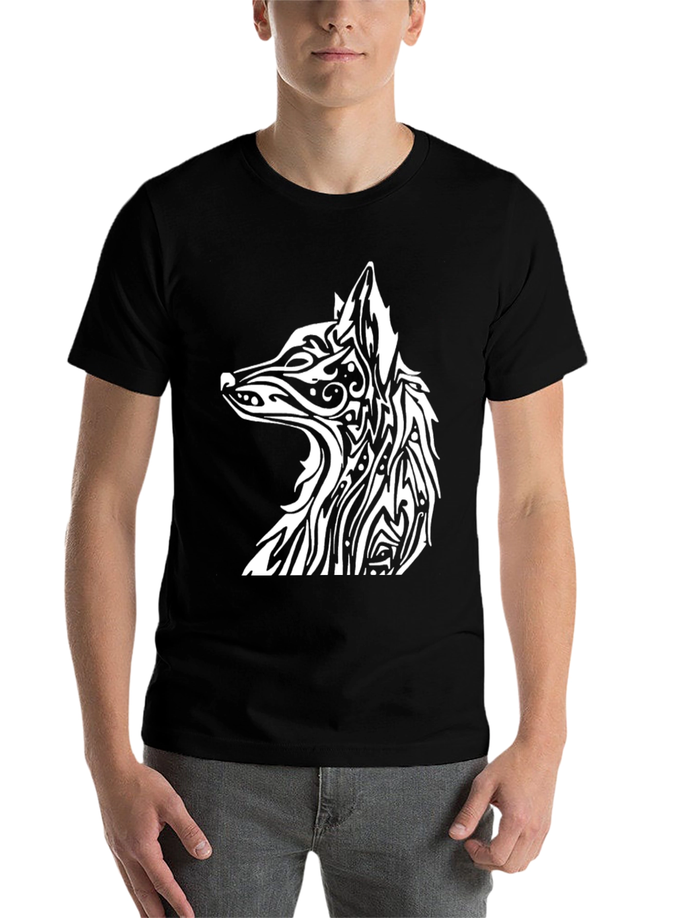 Black Tribal Wolf Graphic Black T-Shirt view 7