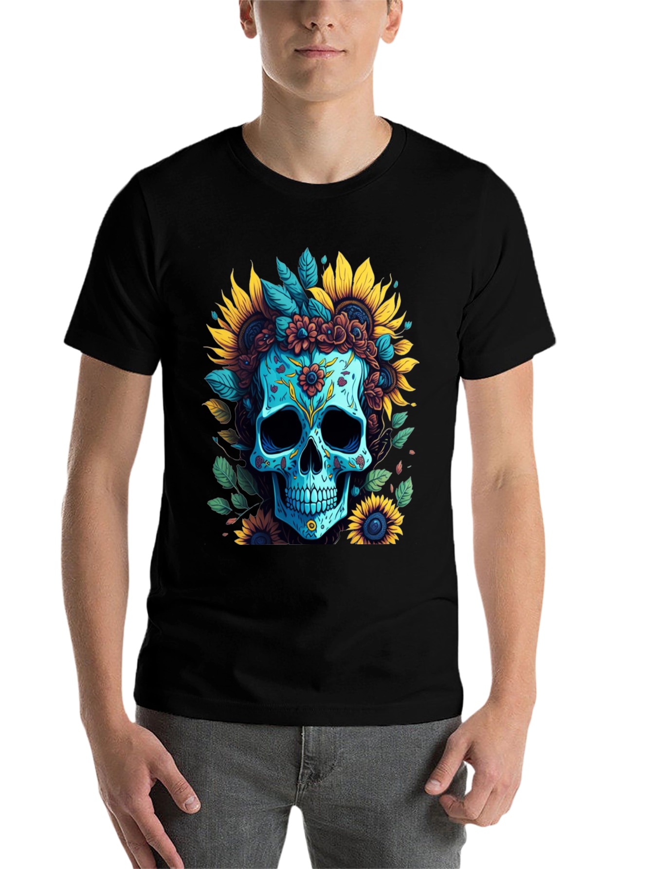 Black Floral Skull Graphic T-Shirt view 7