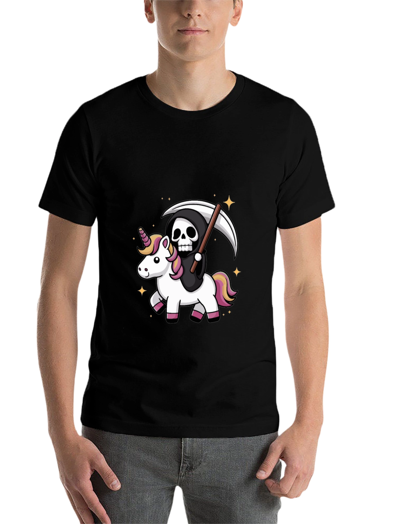 Black Grim Reaper Riding Unicorn T-Shirt view 7