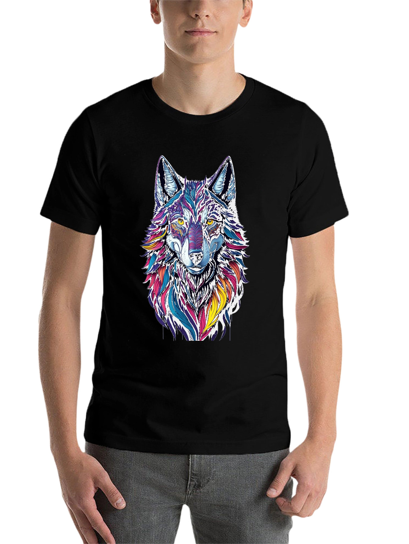 Black Vibrant Wolf Graphic Black T-Shirt view 7
