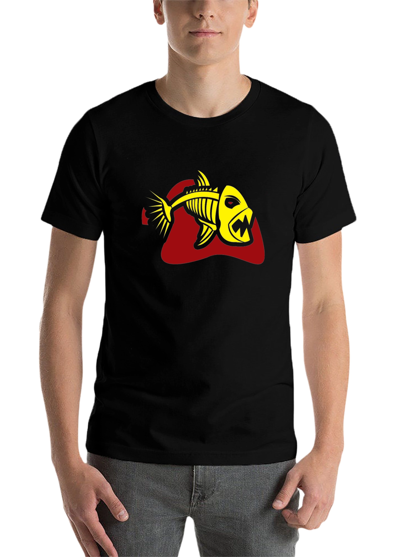 Black Men's Black T-Shirt - Yellow Fish Skeleton Graphic view 7