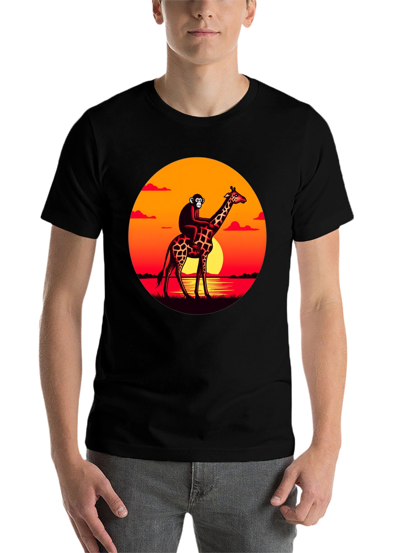 Black Monkey Riding Giraffe Sunset Graphic Tee view 7