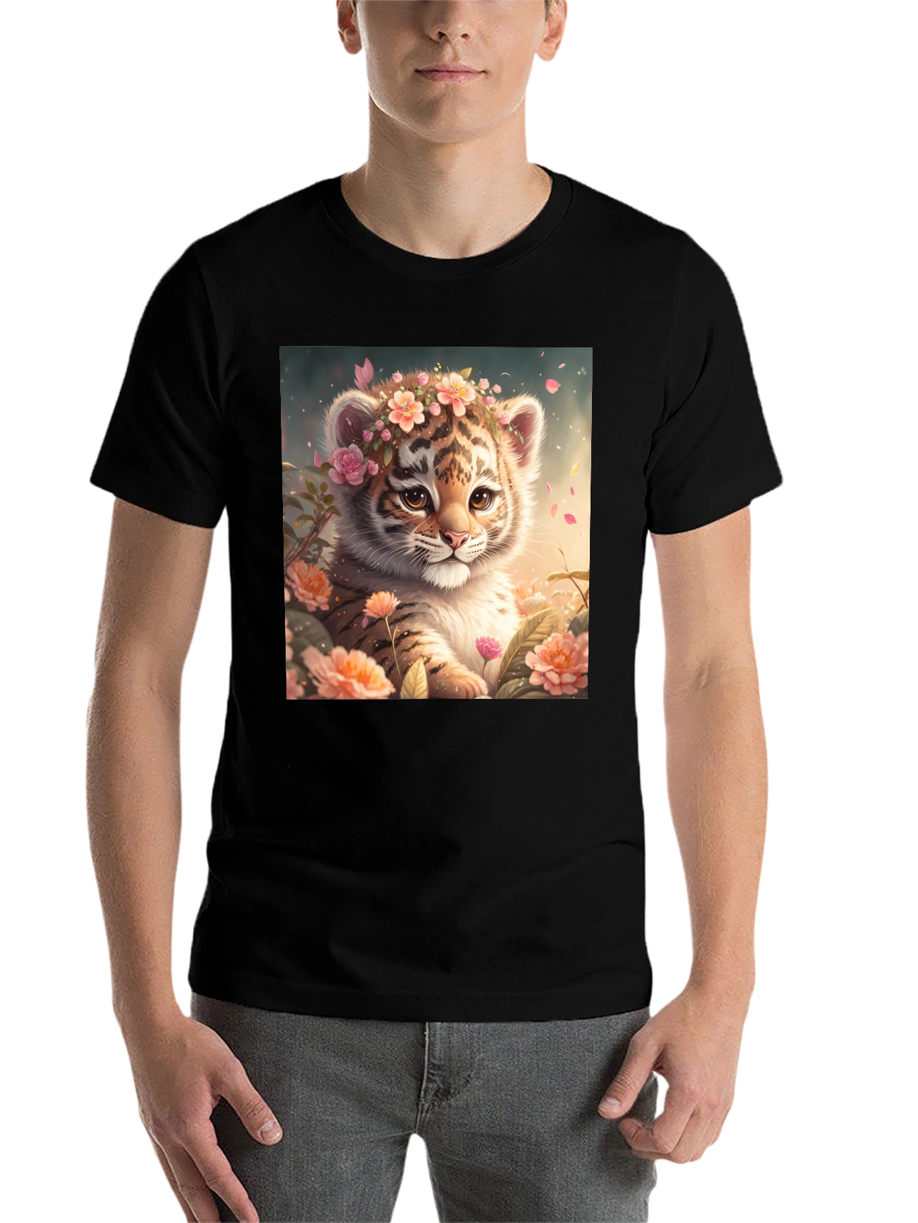 Black Cute Tiger Cub Floral T-Shirt view 7