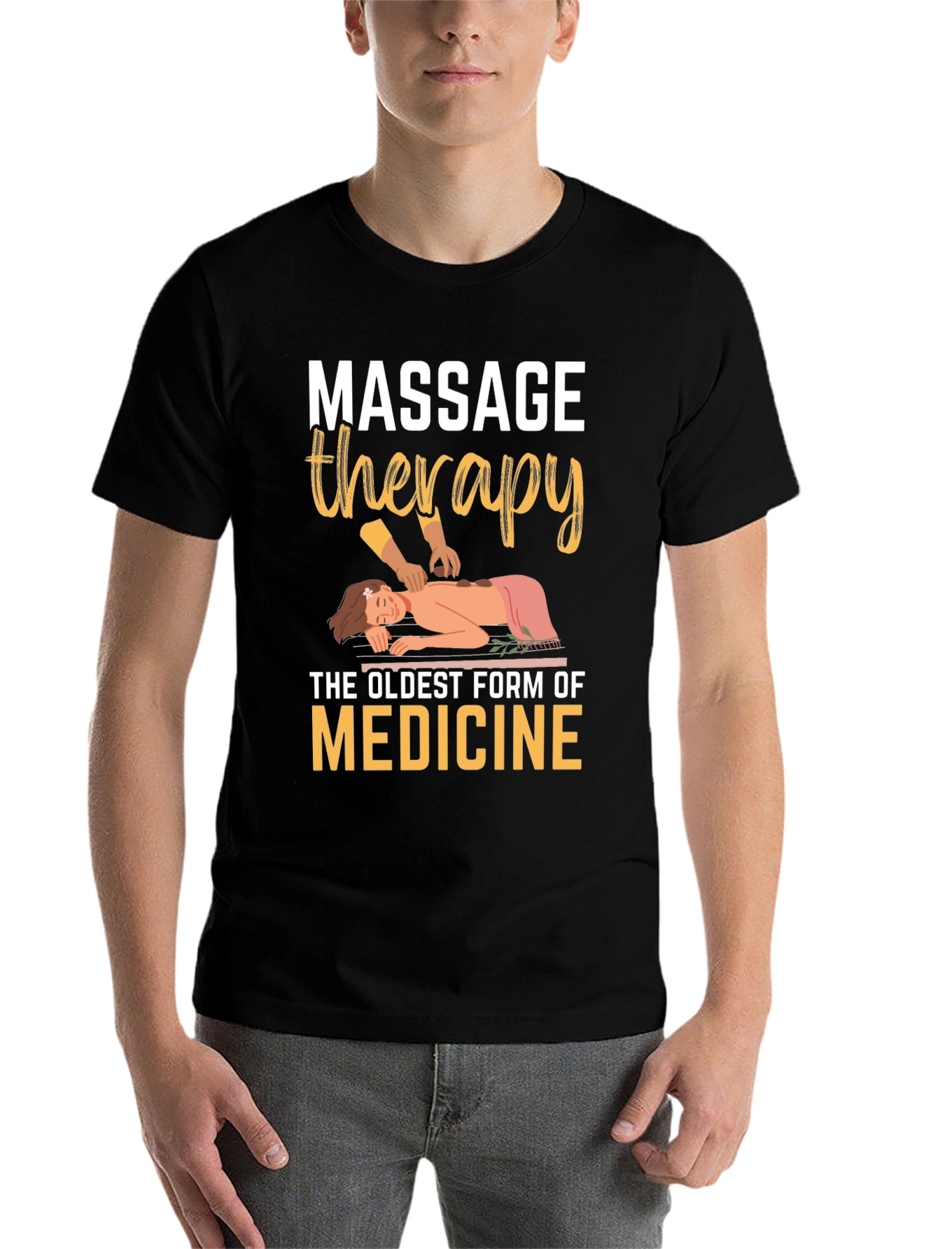 Black Massage Therapy T-Shirt: Oldest Medicine, Relaxing Design view 7