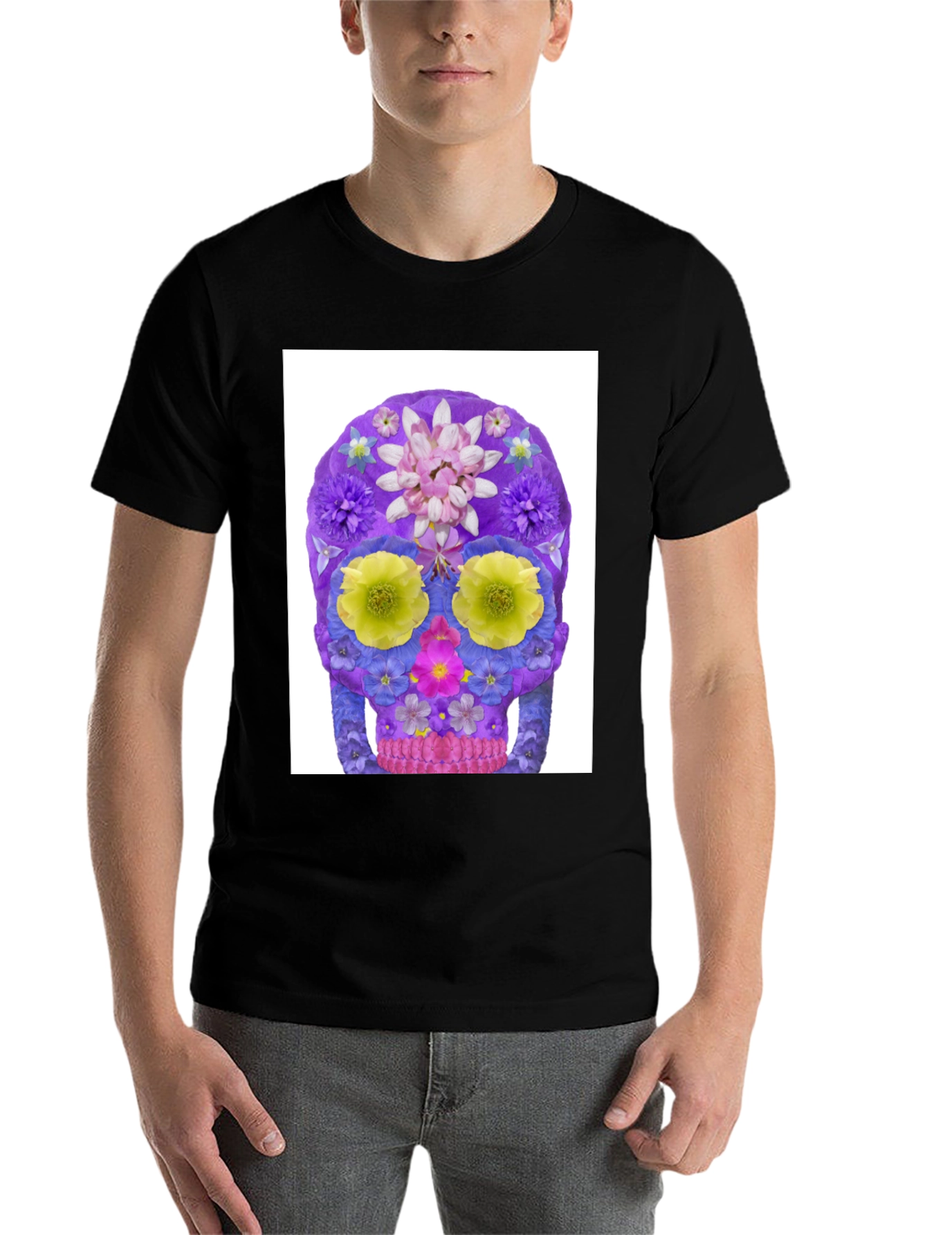 Black Floral Sugar Skull Graphic Tee - Black Cotton T-Shirt view 7