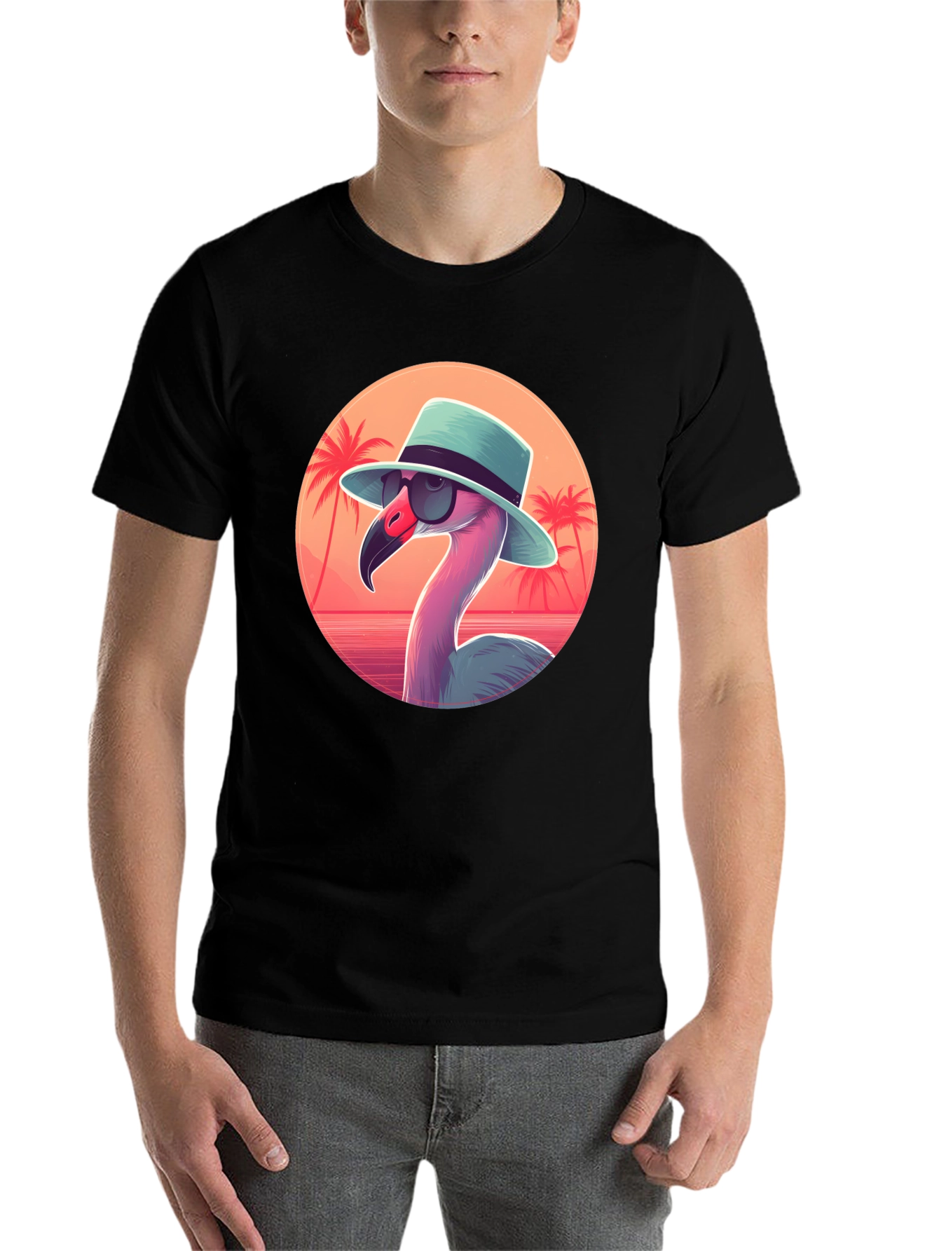 Black Cool Flamingo Graphic Tee - Black Cotton T-Shirt view 7