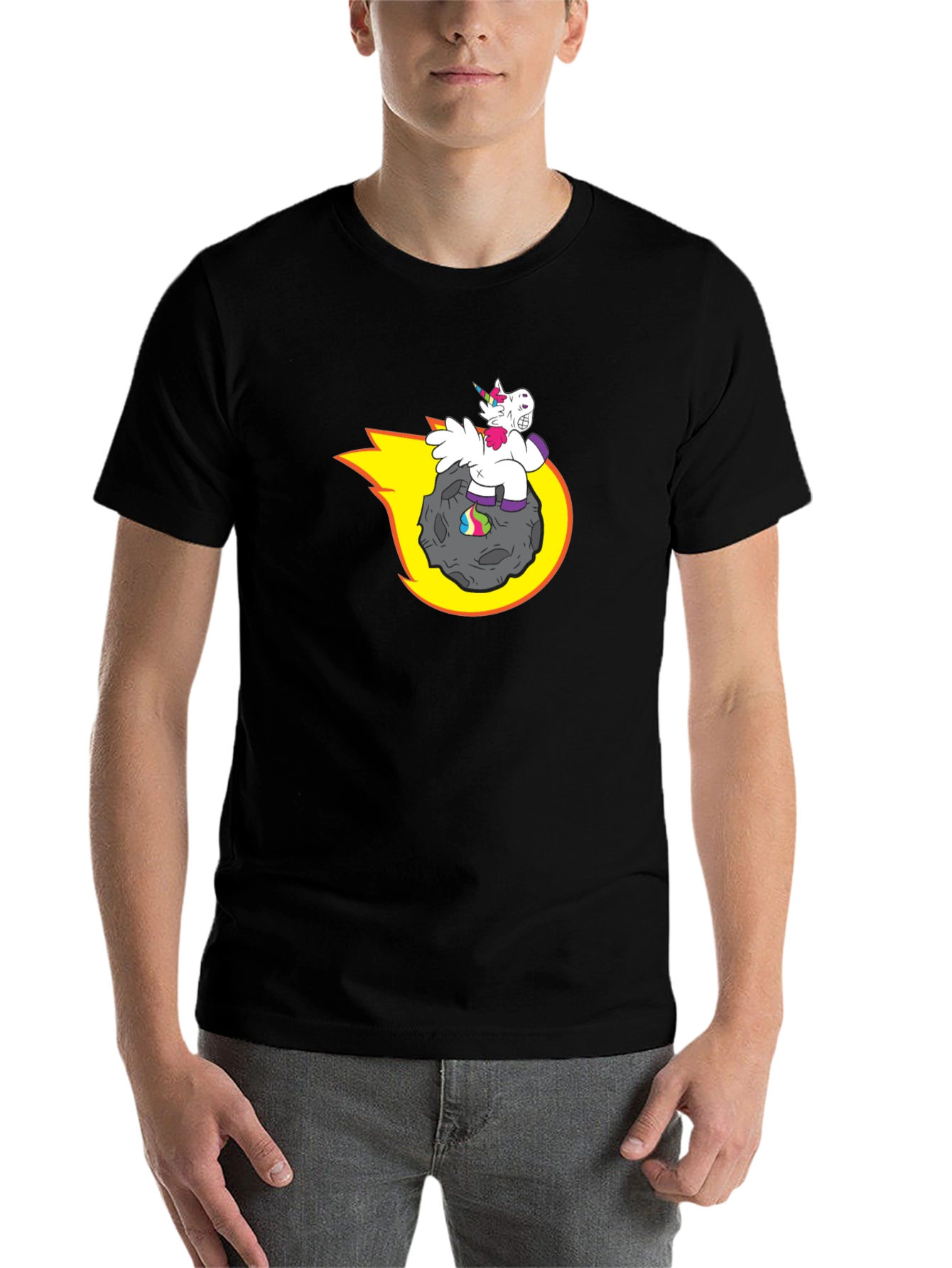 Black Unicorn Riding Asteroid T-Shirt - Funny Graphic Tee view 7