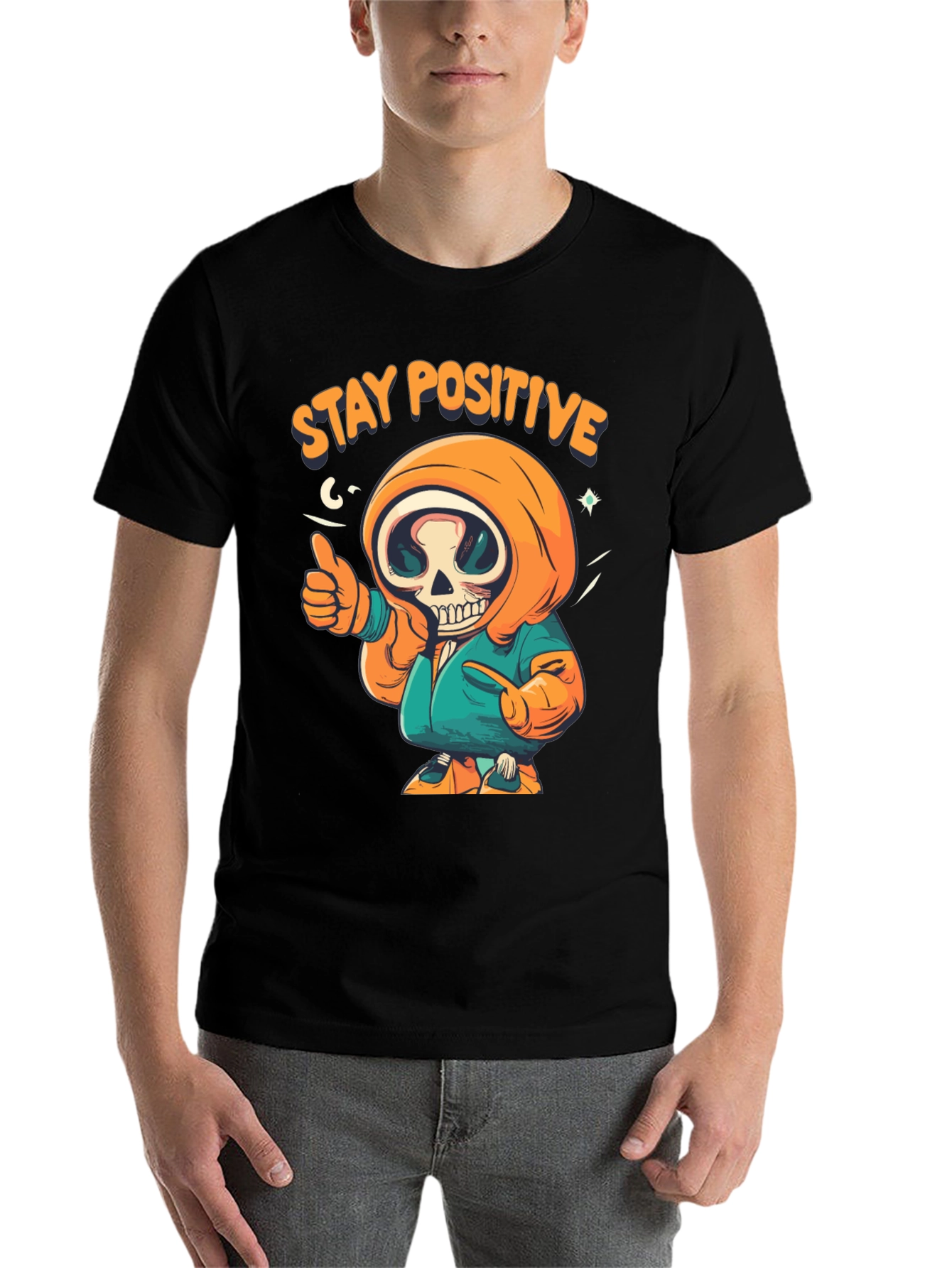 Black Stay Positive Graphic Tee - Skeleton Design view 7