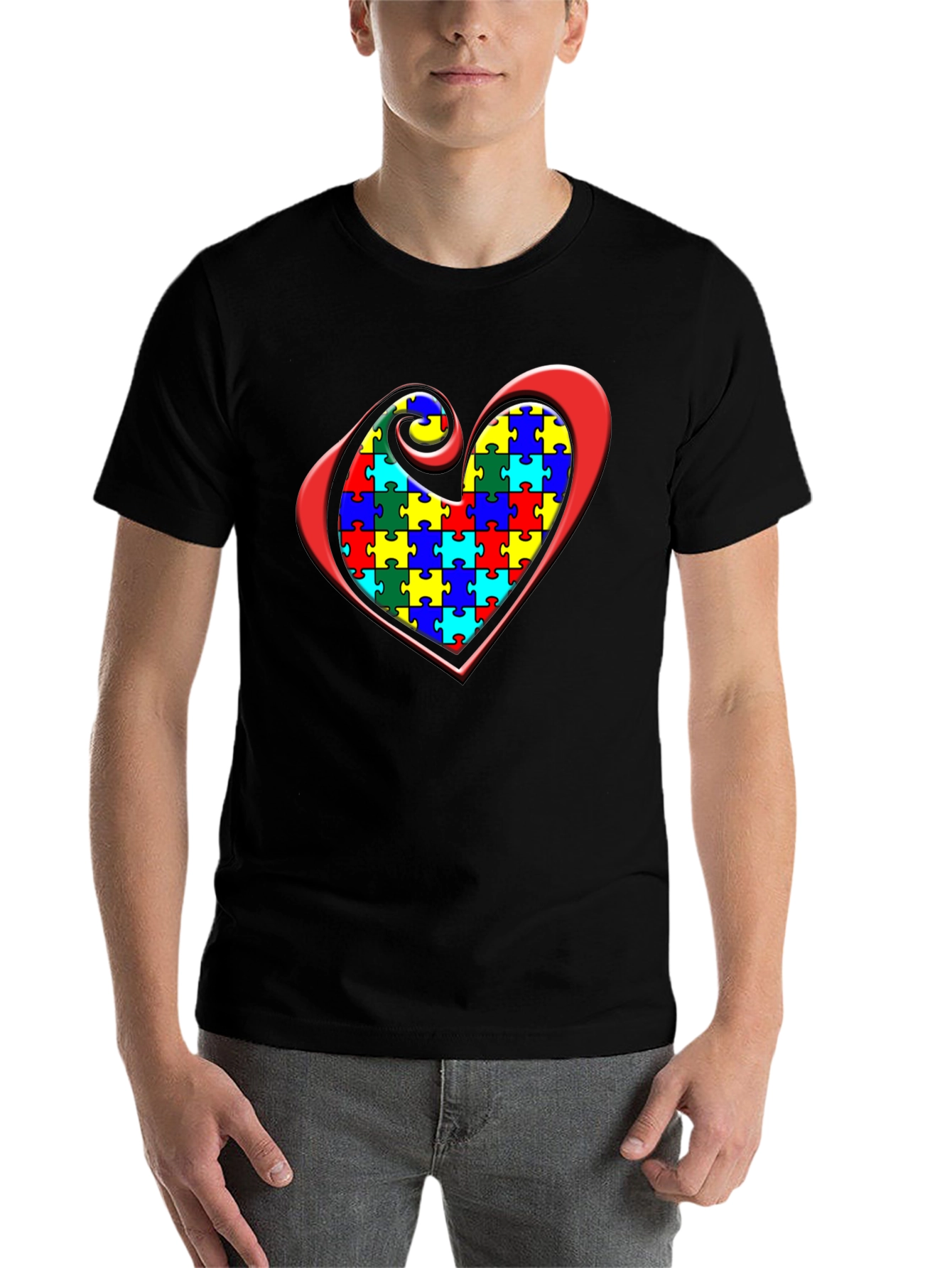 Black Autism Awareness Puzzle Heart Graphic Tee view 7