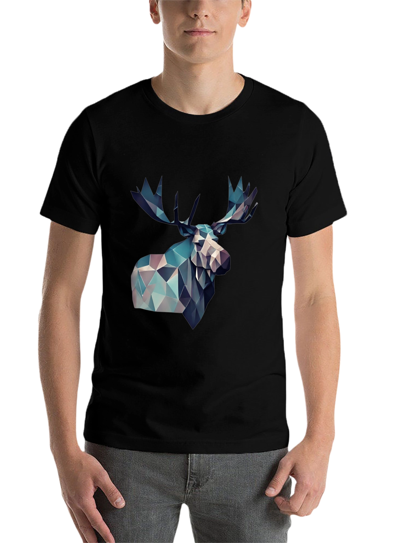 Black Geometric Moose Graphic Print Black T-Shirt view 7