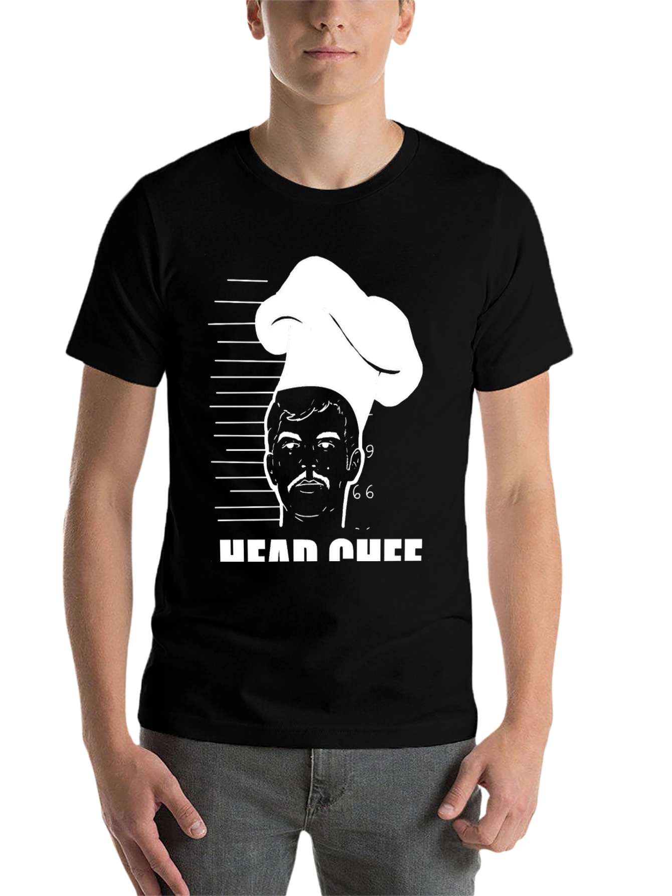 Black Head Chef Mugshot T-Shirt - Culinary Humor Tee view 7