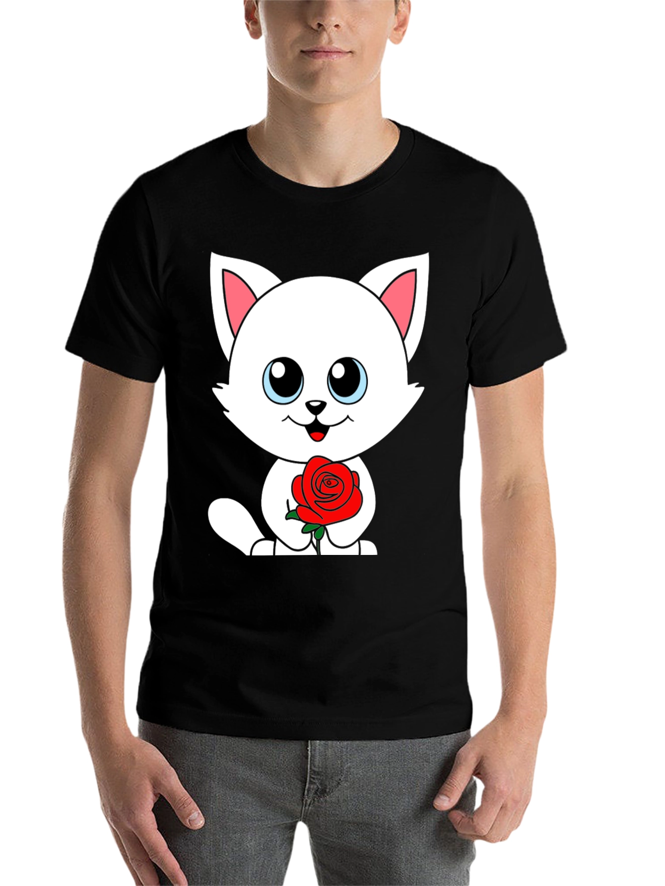 Black Cute Cat Rose Graphic Black T-Shirt view 7
