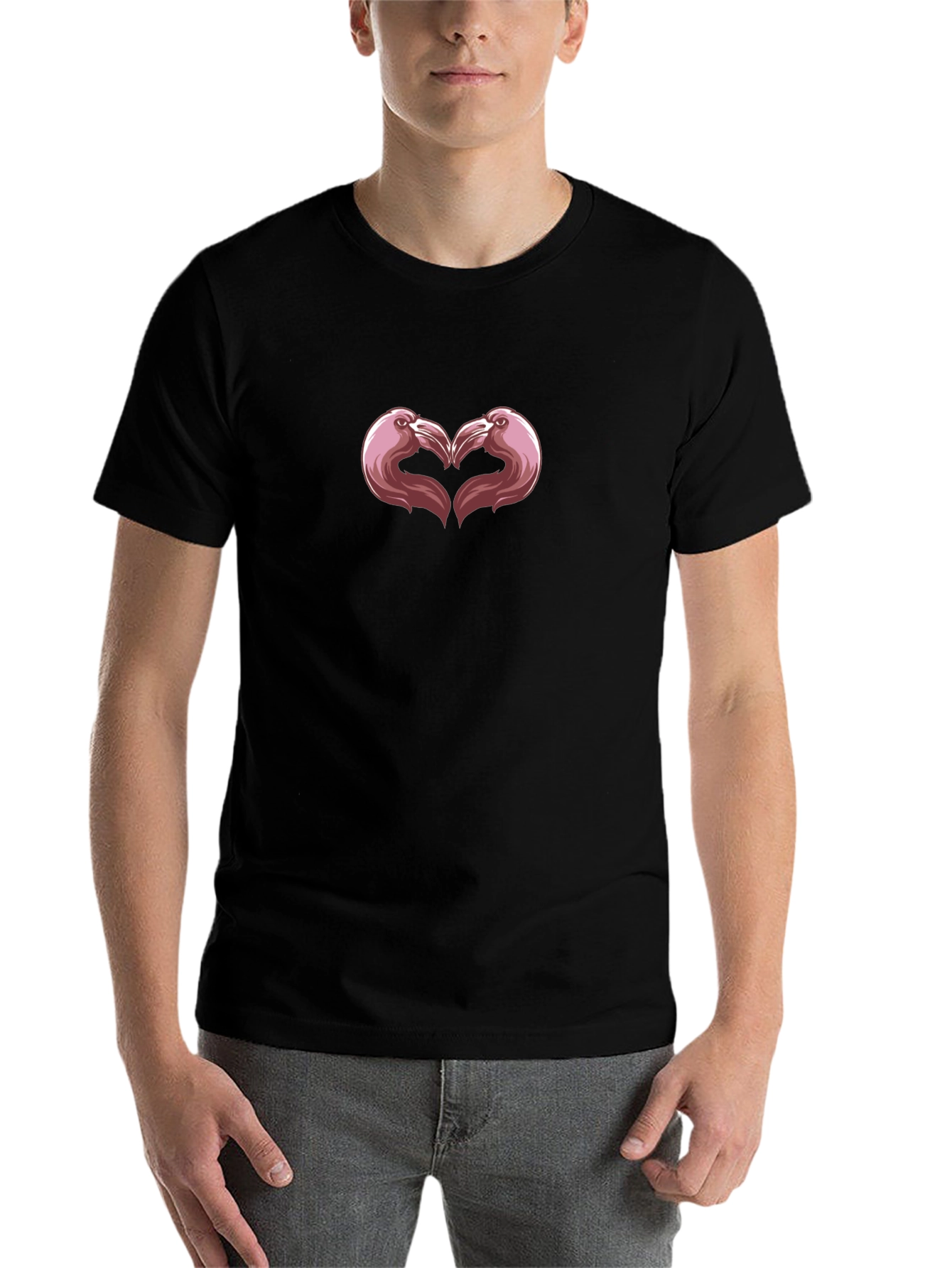 Flamingo Heart Graphic Tee - Black Cotton Casual Shirt - 7