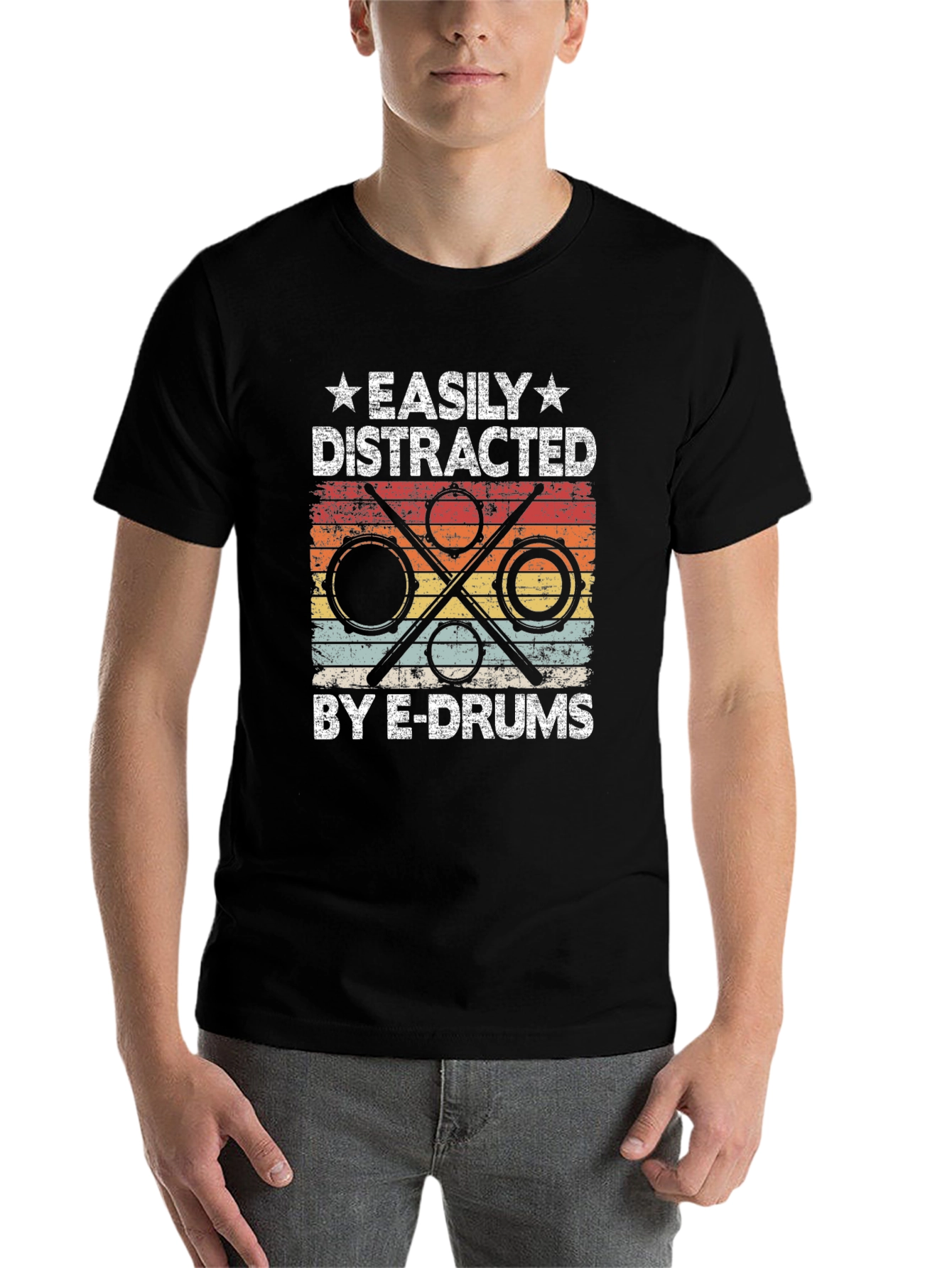 Black Easily Distracted By E-Drums Graphic T-Shirt view 7