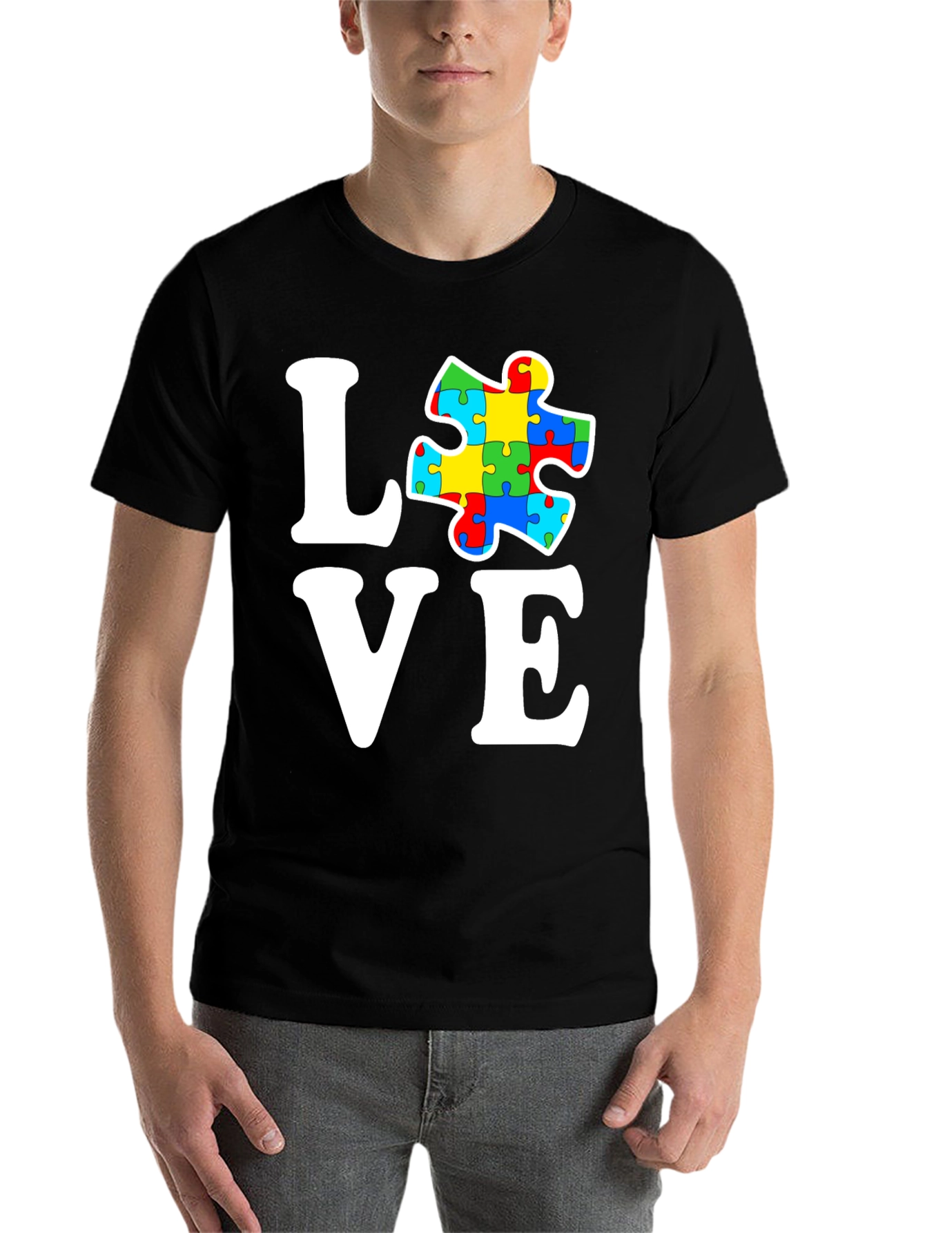 Black Autism Awareness Love Puzzle Piece Graphic T-Shirt view 7