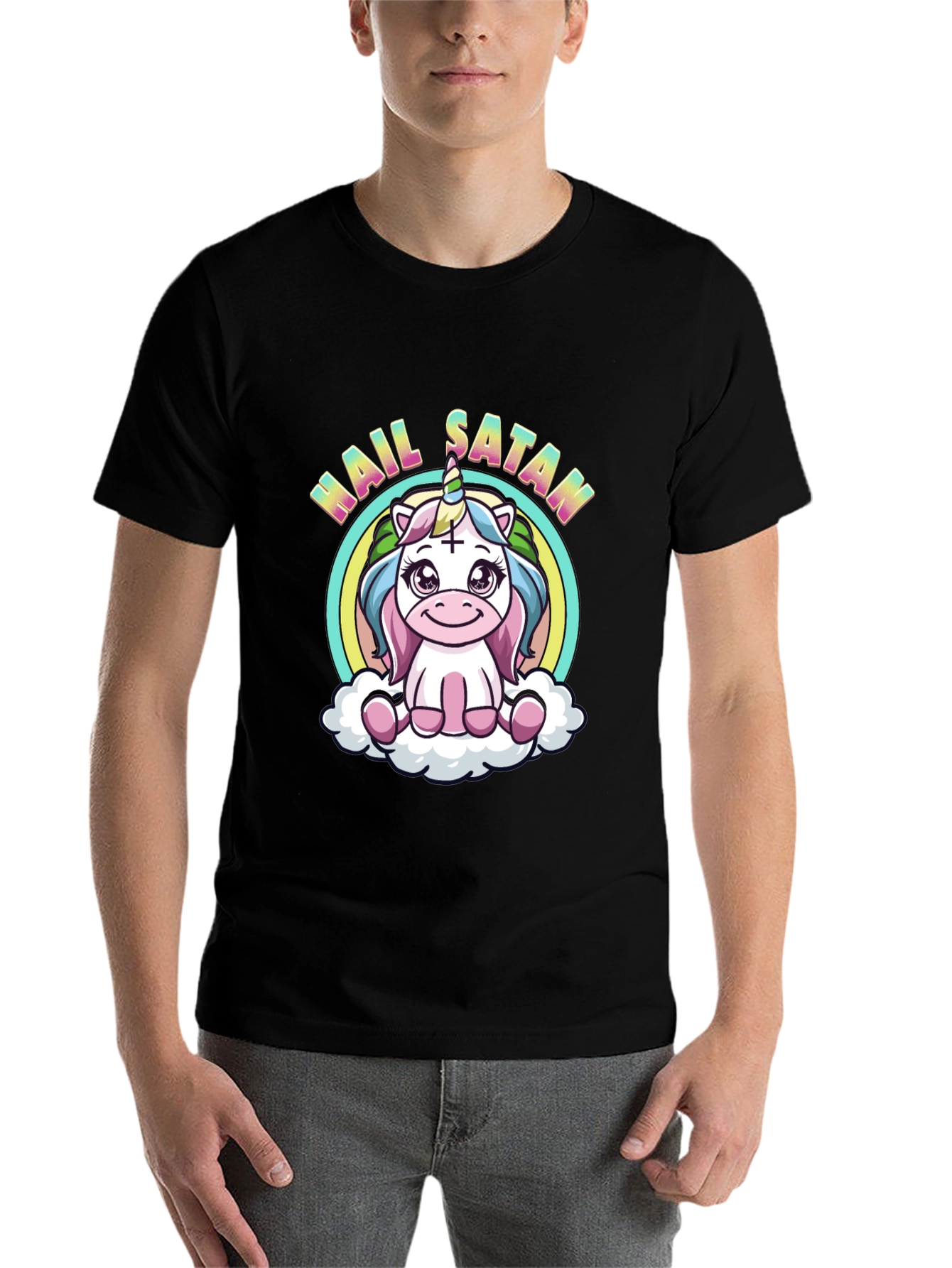 Black Hail Satan Unicorn Black T-Shirt view 7