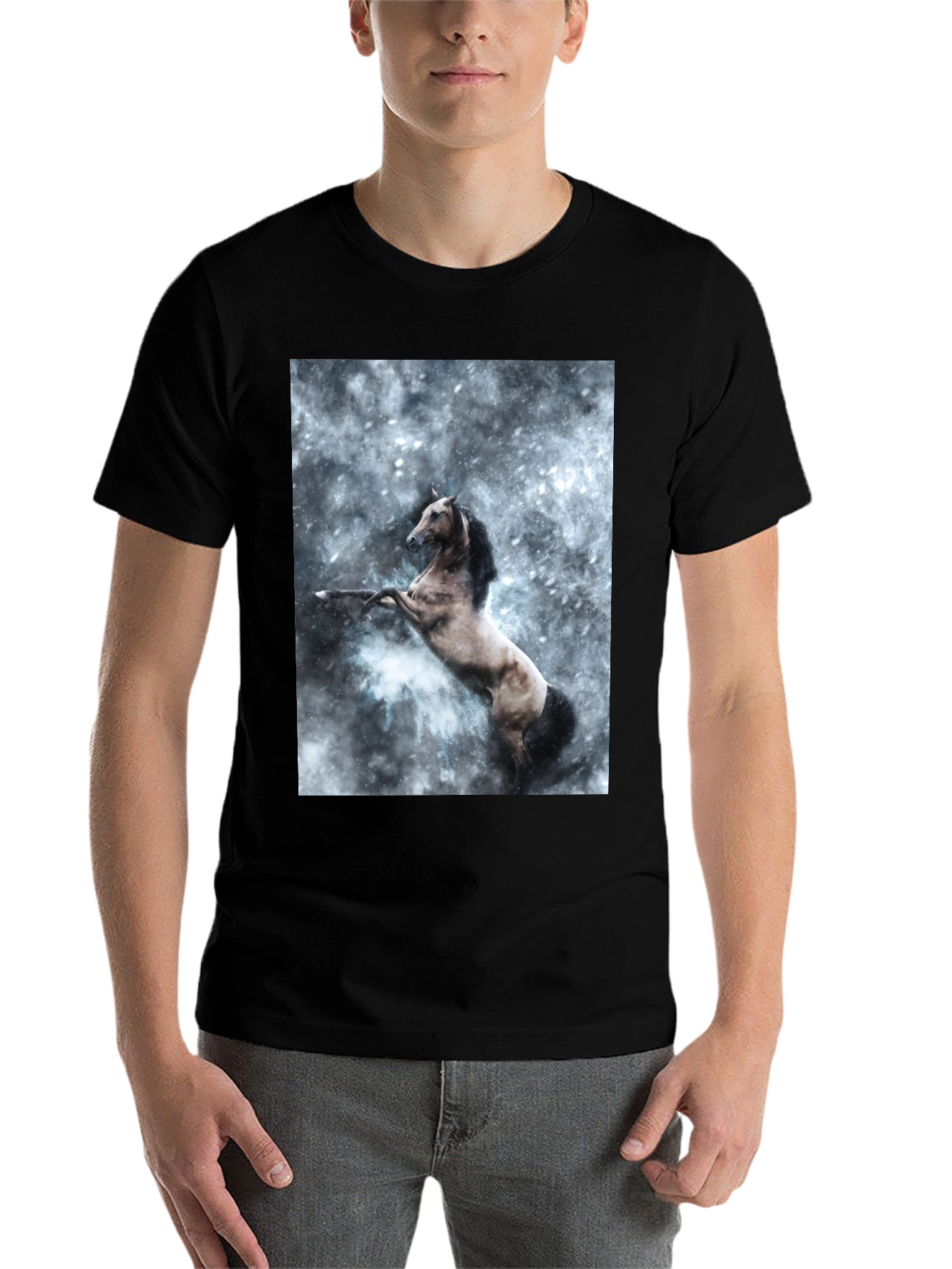 Black Black T-Shirt with Rearing Horse Print view 7