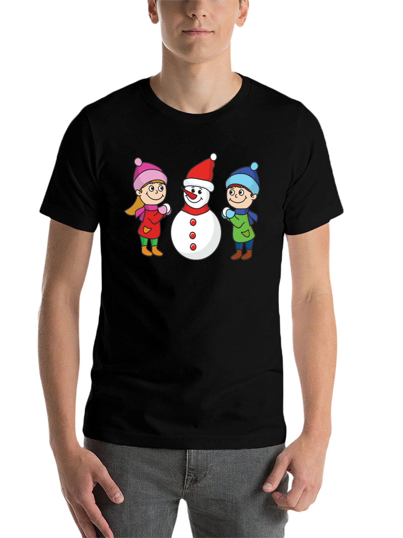 Black Winter Fun T-Shirt: Snowman & Kids Graphic Tee view 7