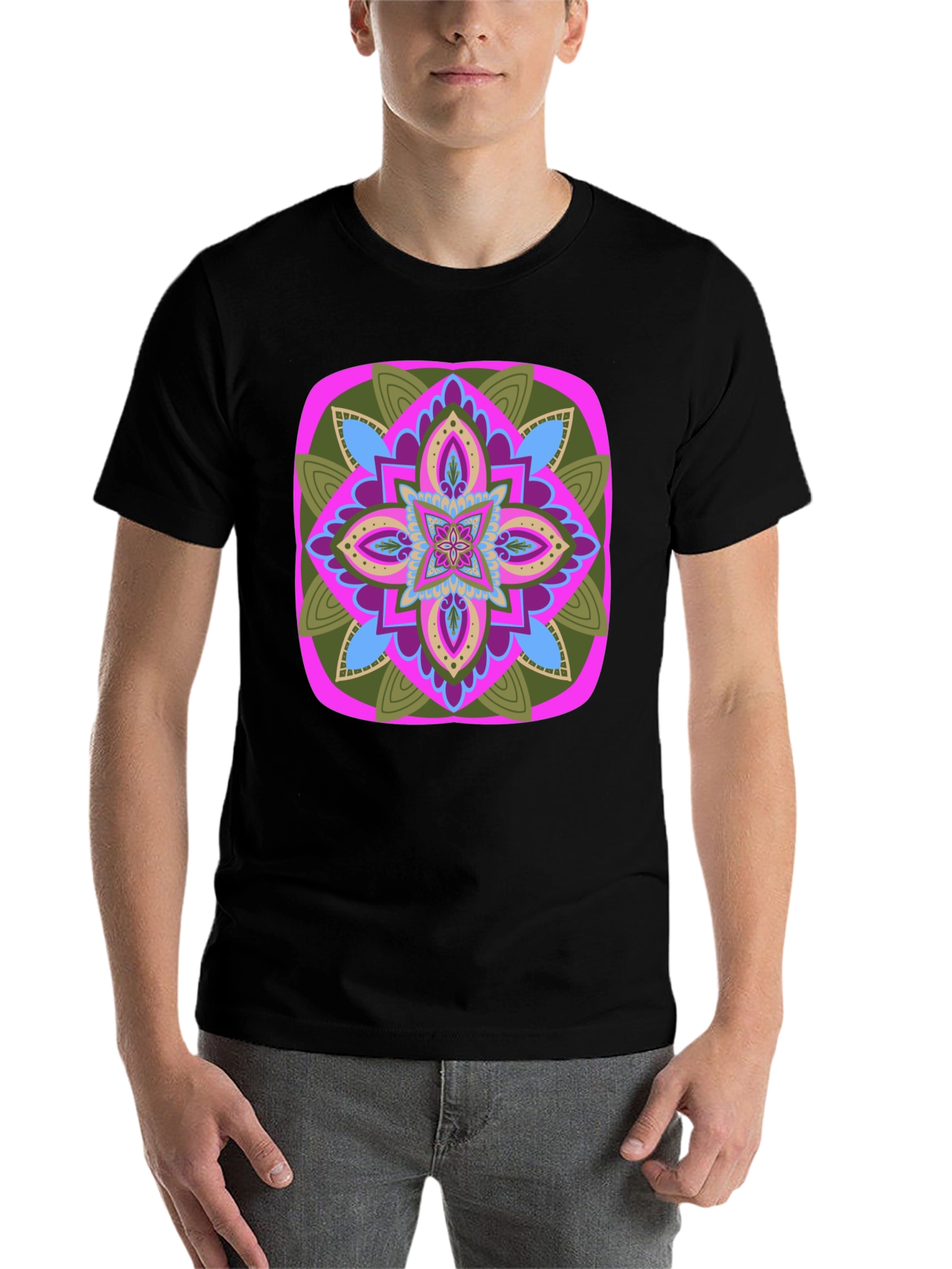 Black Geometric Mandala T-Shirt - Black Cotton Blend view 7