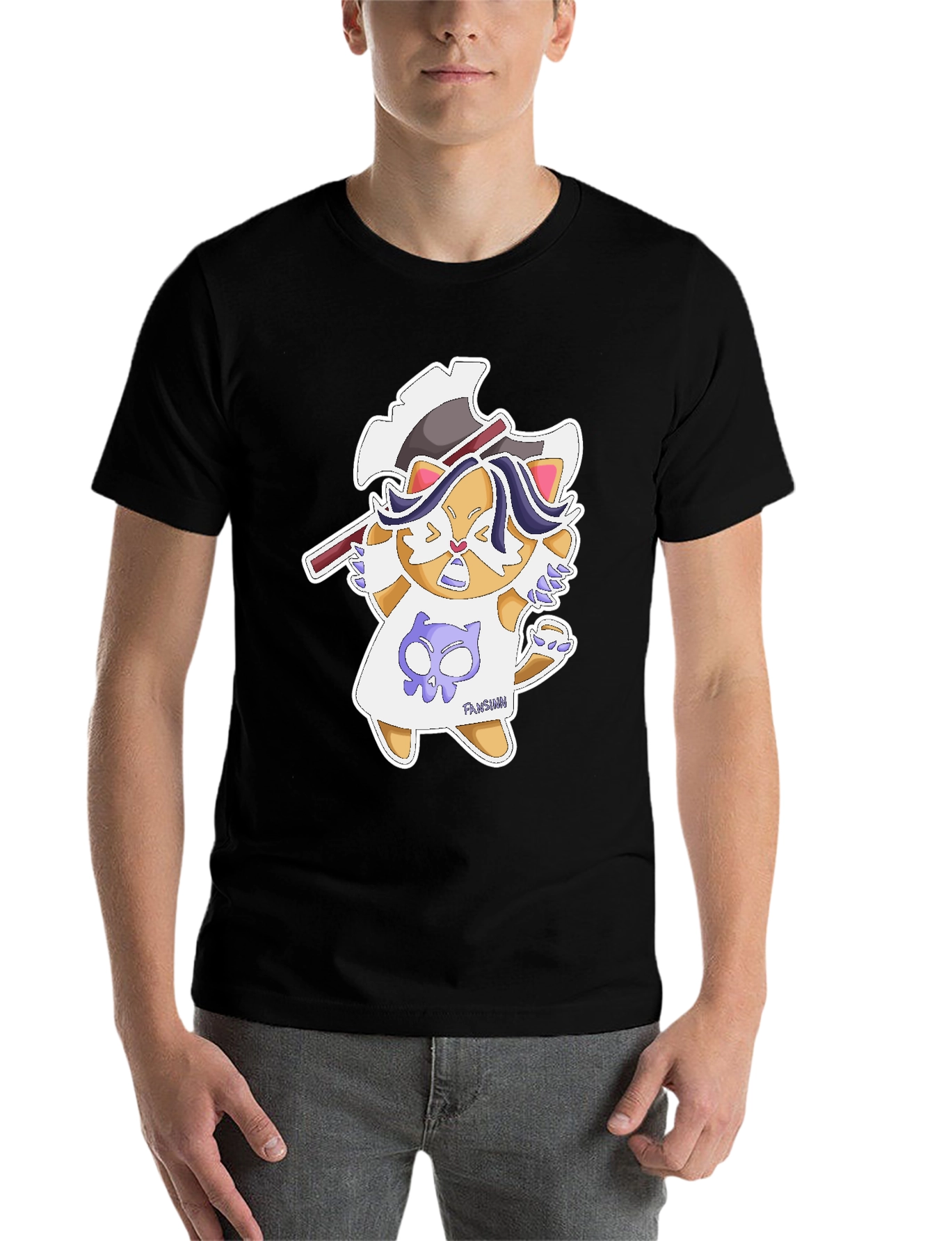 Black Cartoon Cat Axe T-Shirt - Fun Graphic Tee view 7