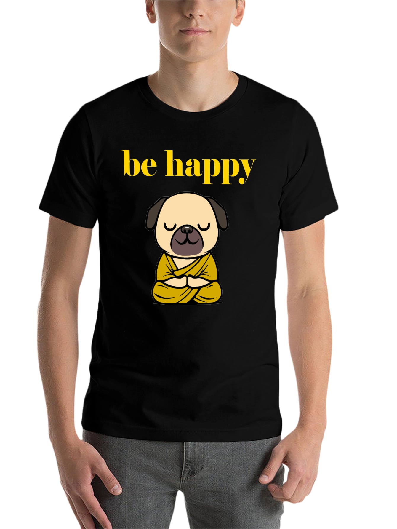 Black Be Happy Pug Buddha T-Shirt - Meditating Dog Tee view 7