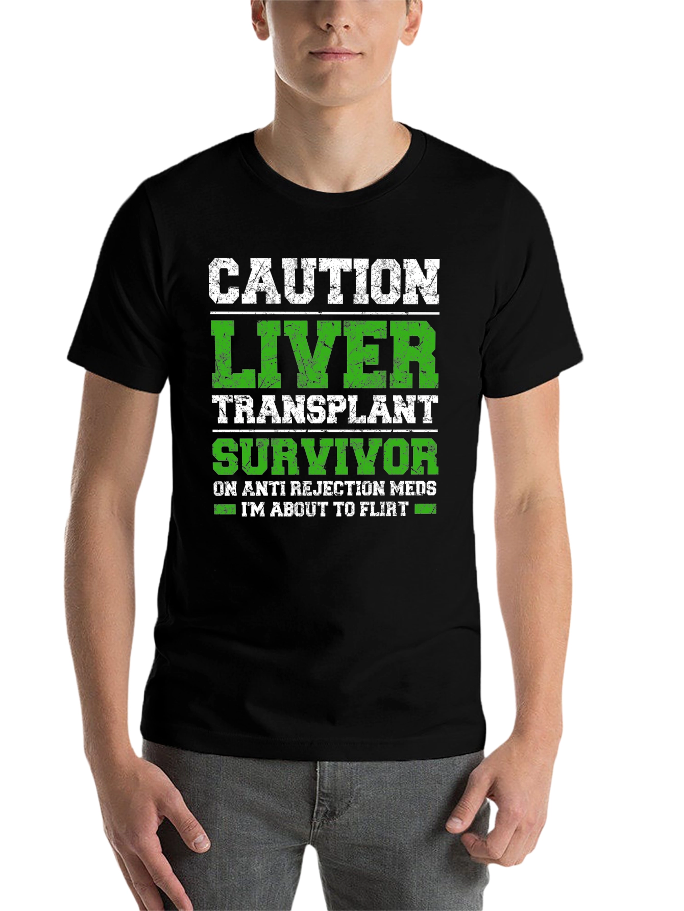 Black Caution Liver Transplant Survivor Funny T-Shirt view 7