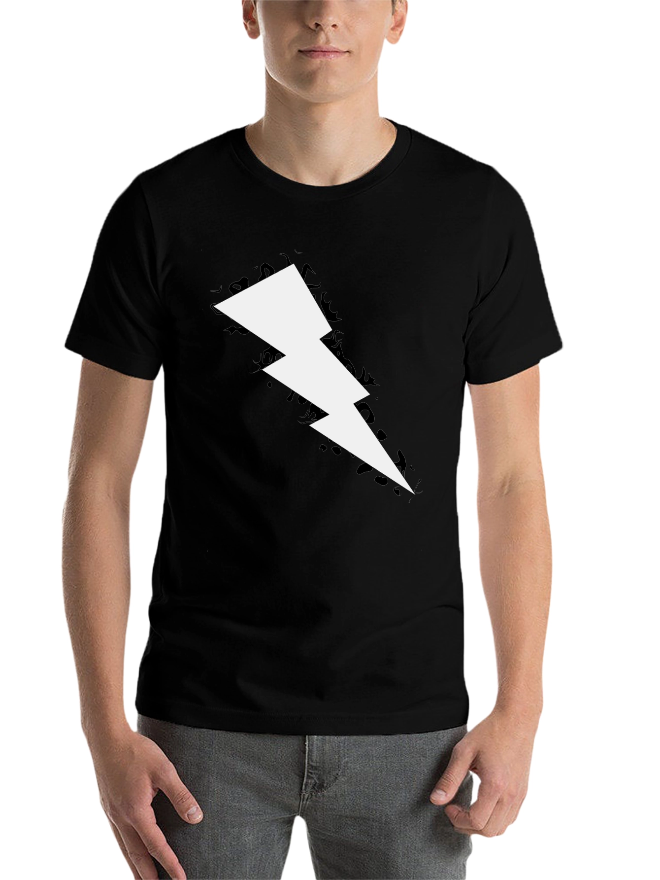 Black Lightning Bolt Graphic Tee - Bold Black Cotton T-Shirt view 7