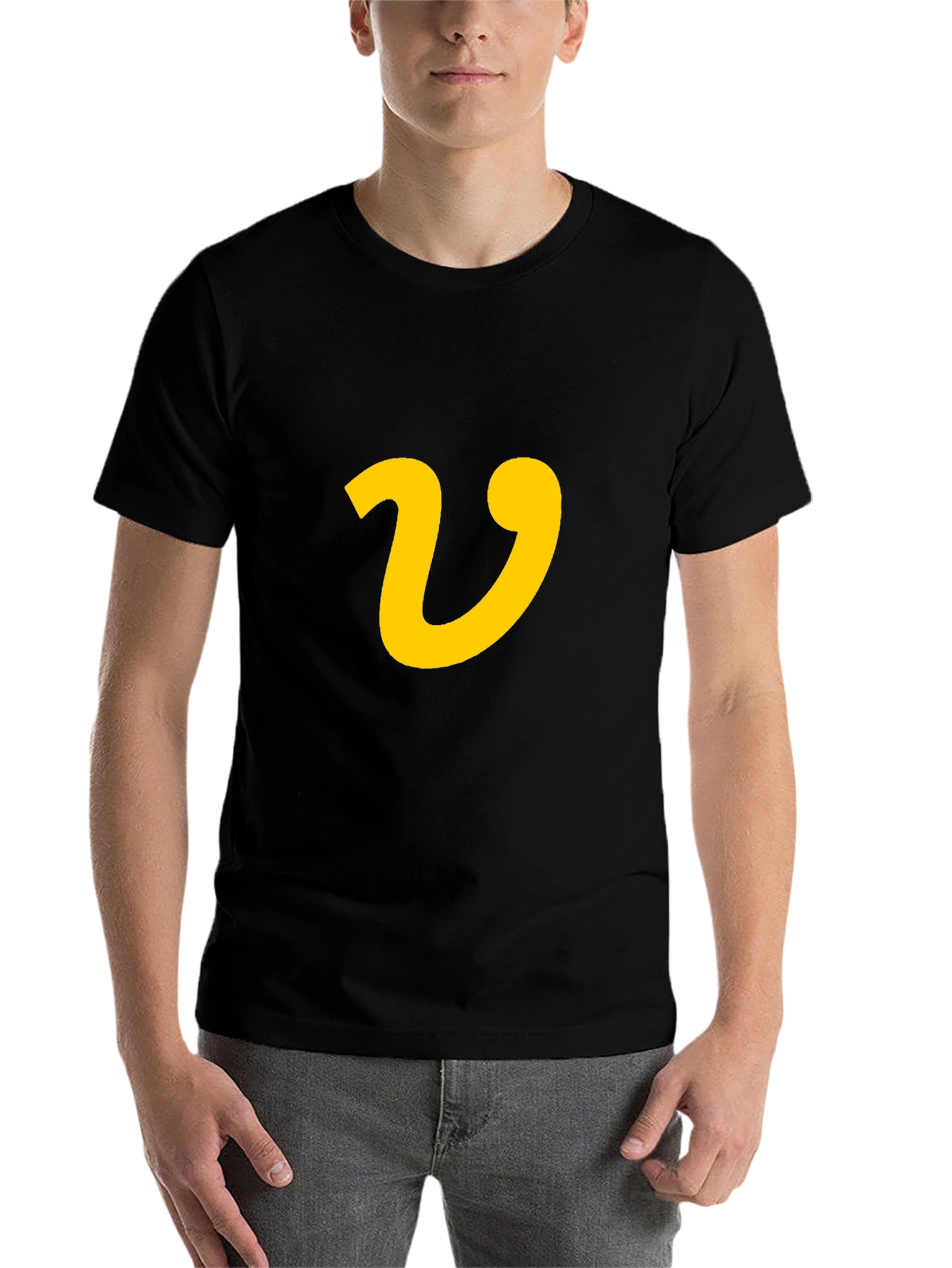 Black Black T-Shirt with Yellow Letter 'V' Graphic Print view 7