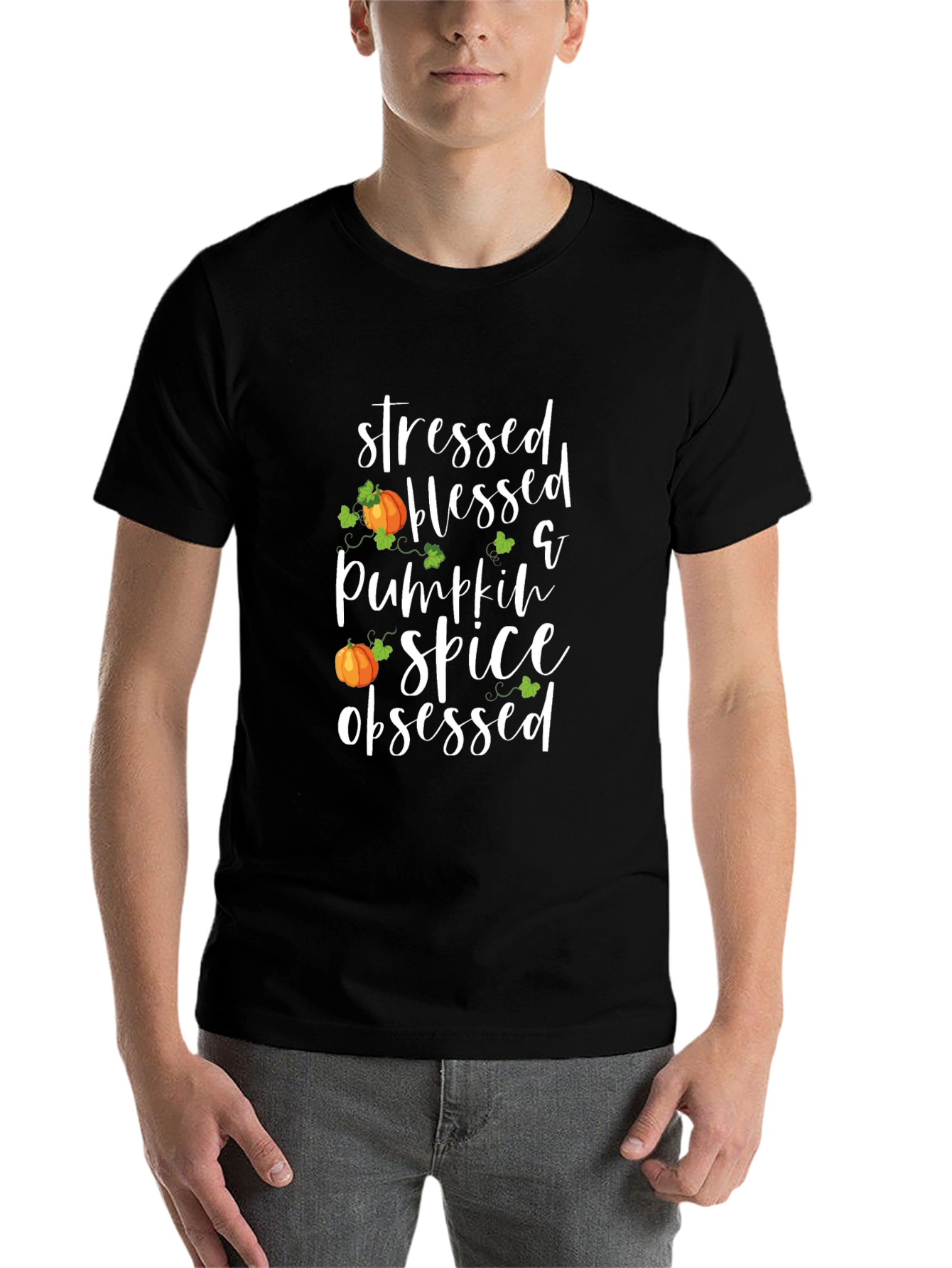 Black Stressed Blessed Pumpkin Spice Obsessed T-Shirt view 7