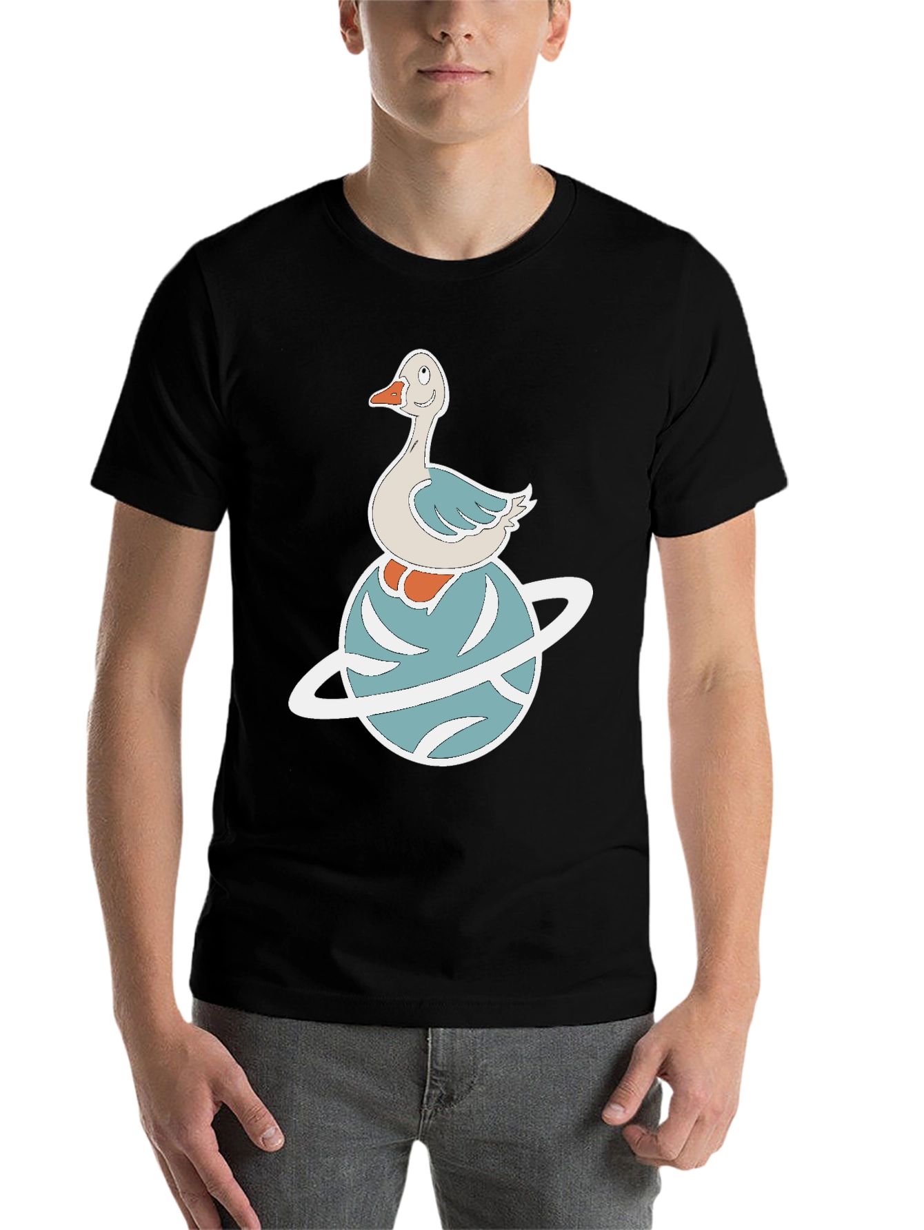 Black Whimsical Goose on Planet Graphic Tee view 7