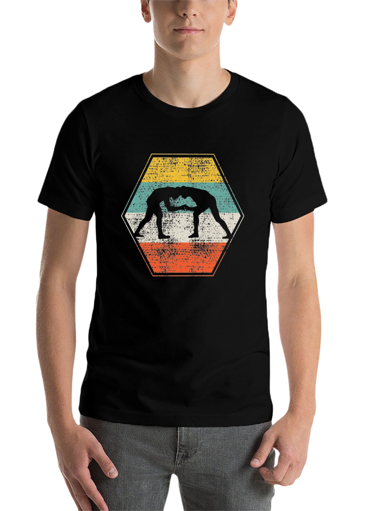 Black Vintage Wrestling T-Shirt - Retro Hexagon Design view 7