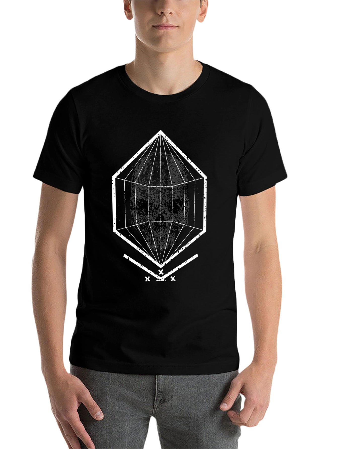 Black Geometric Skull Graphic Tee - Black view 7