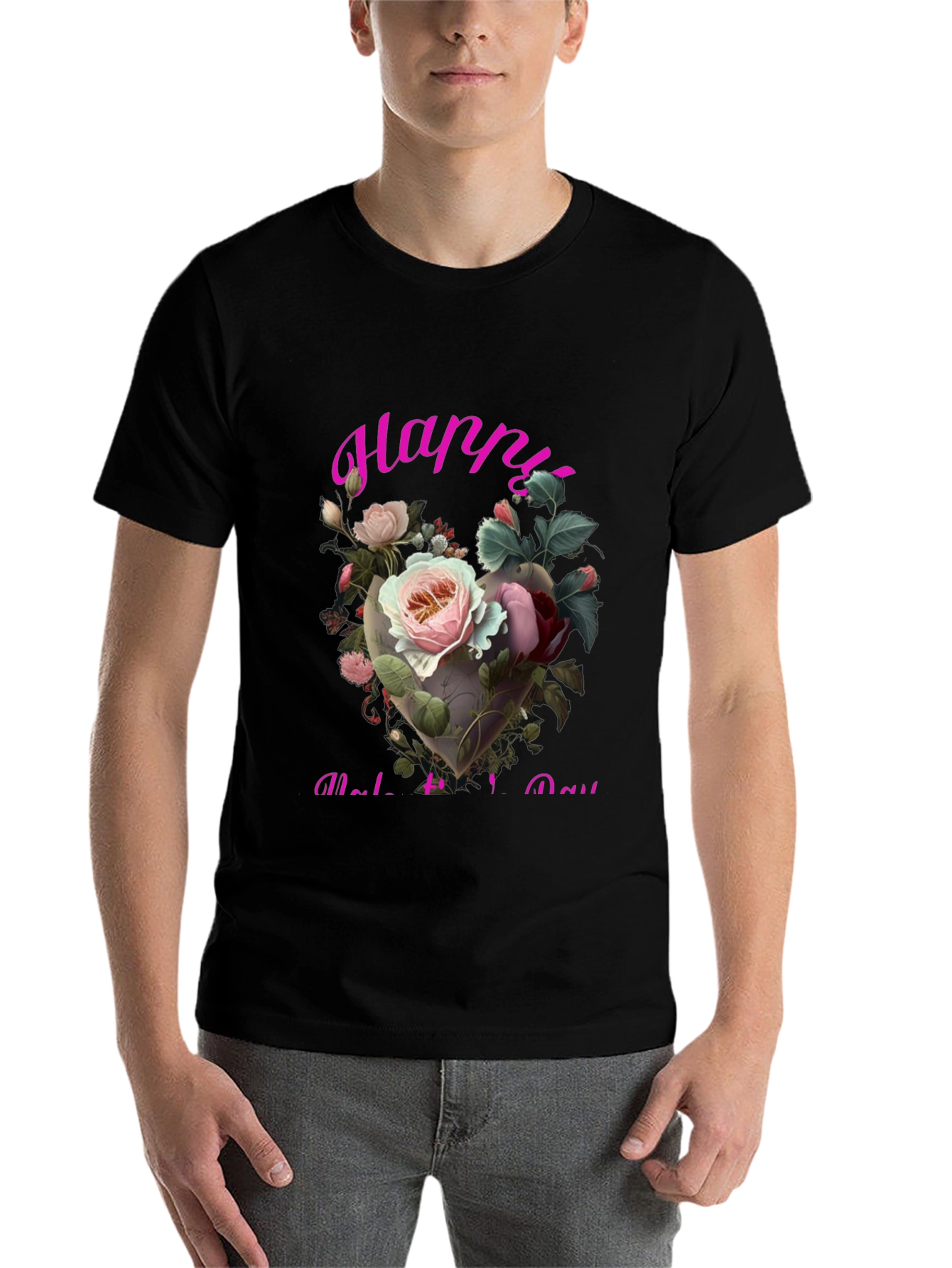 Black Floral Heart Happy Mother's Day T-Shirt view 7