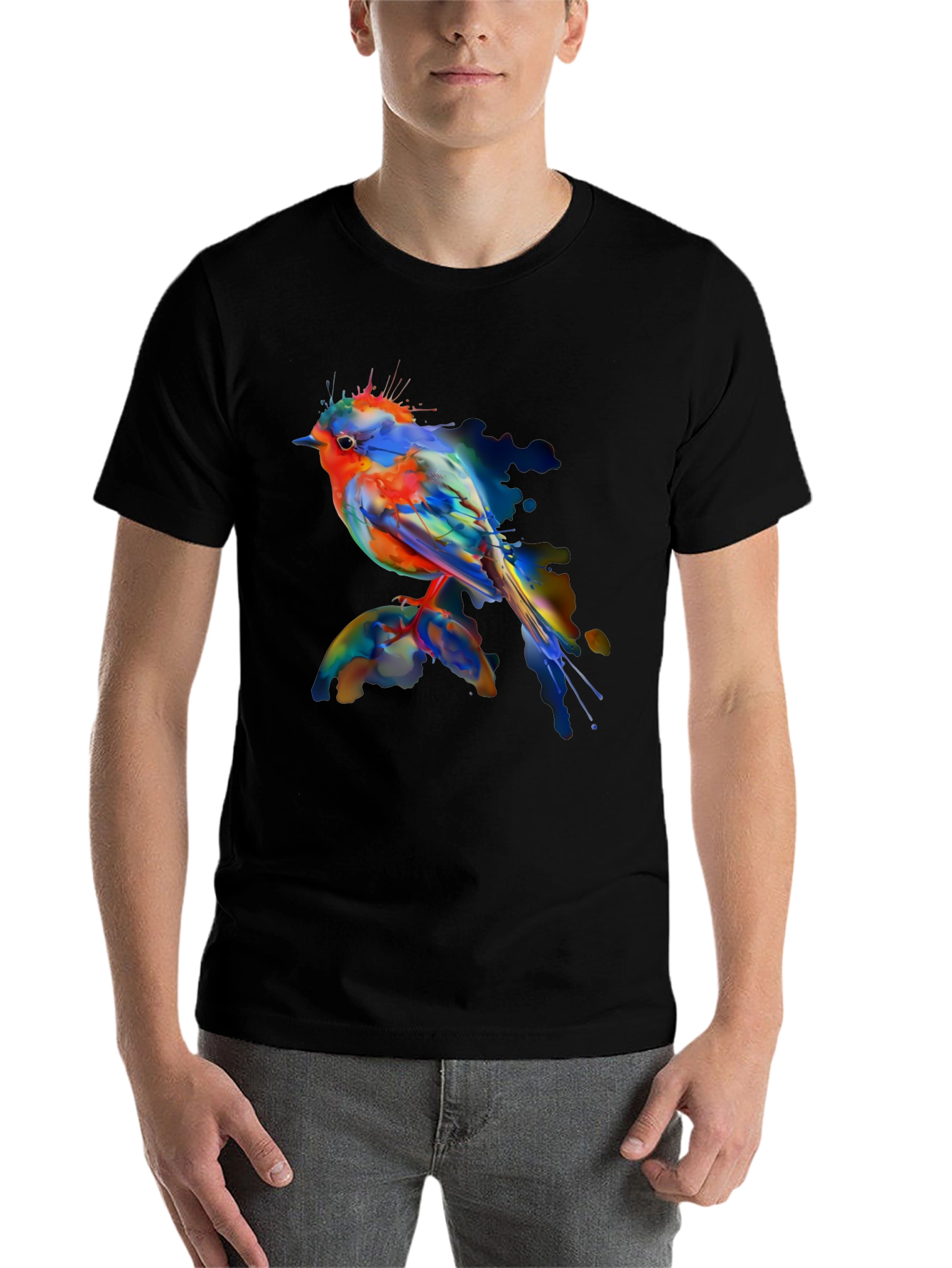 Black Watercolor Bird Print Black T-Shirt view 7
