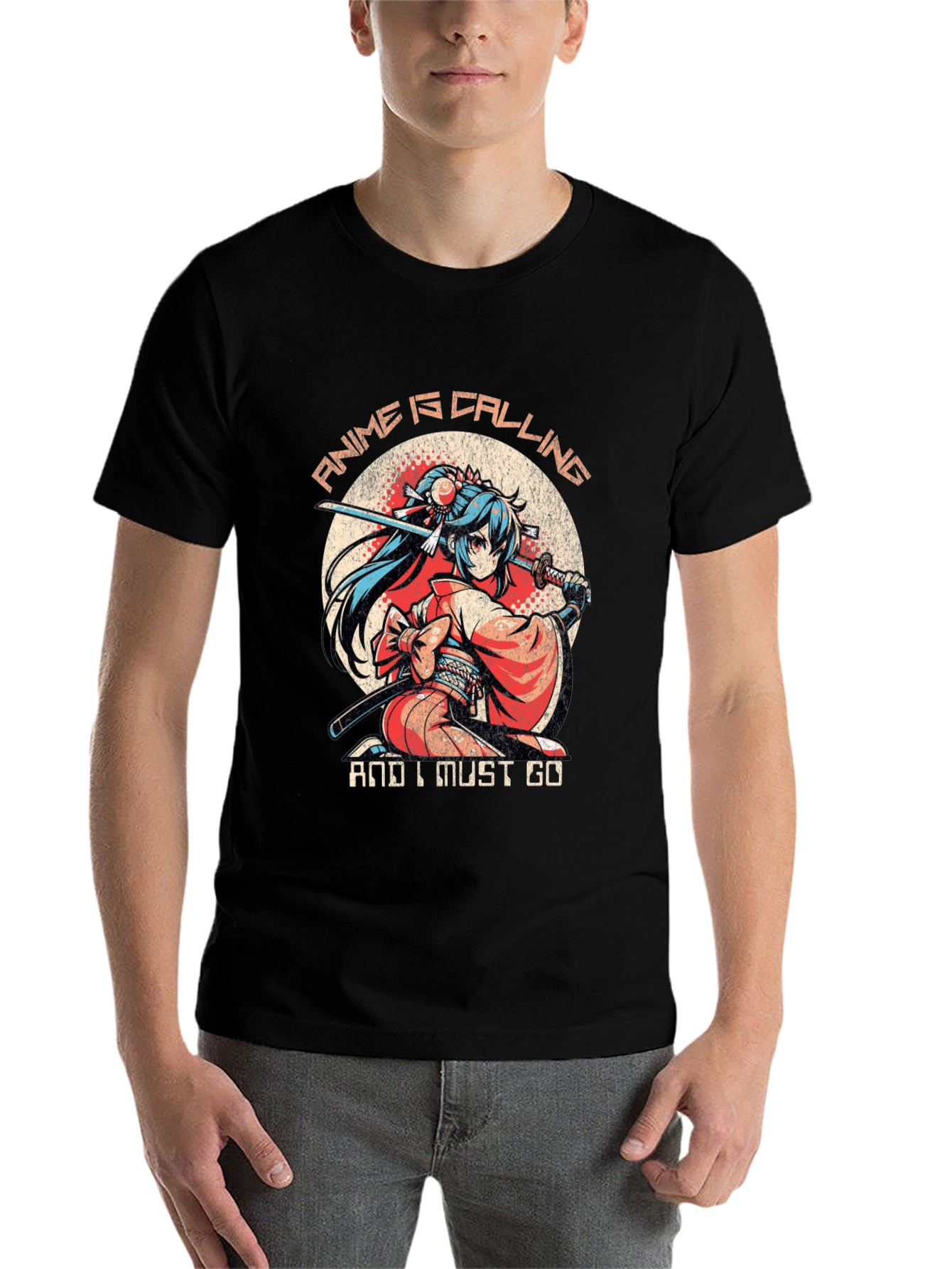 Black Anime Calling T-Shirt: Samurai Girl view 7