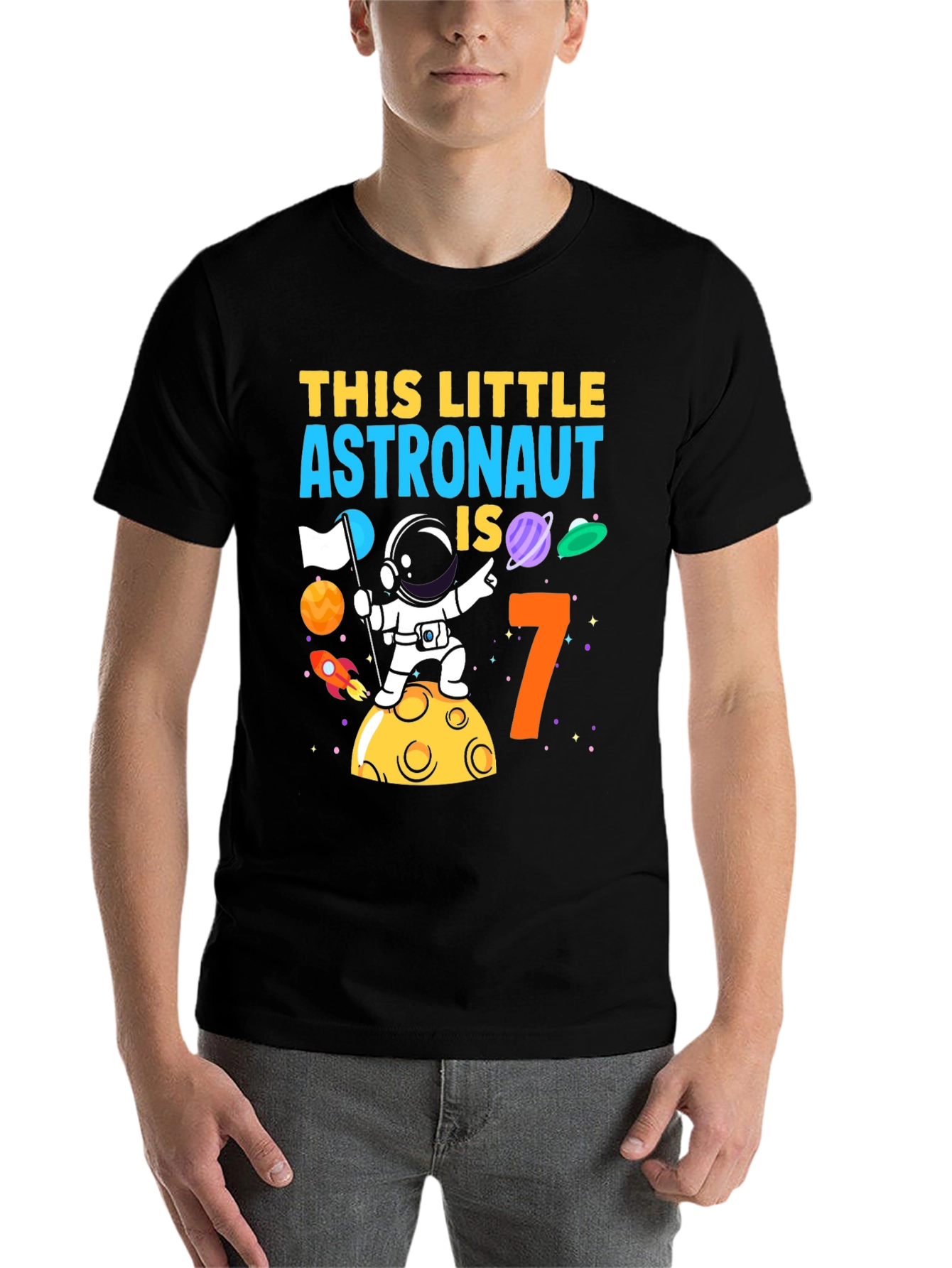 Black Astronaut Birthday Boy T-Shirt - Age 7 Space Theme view 7