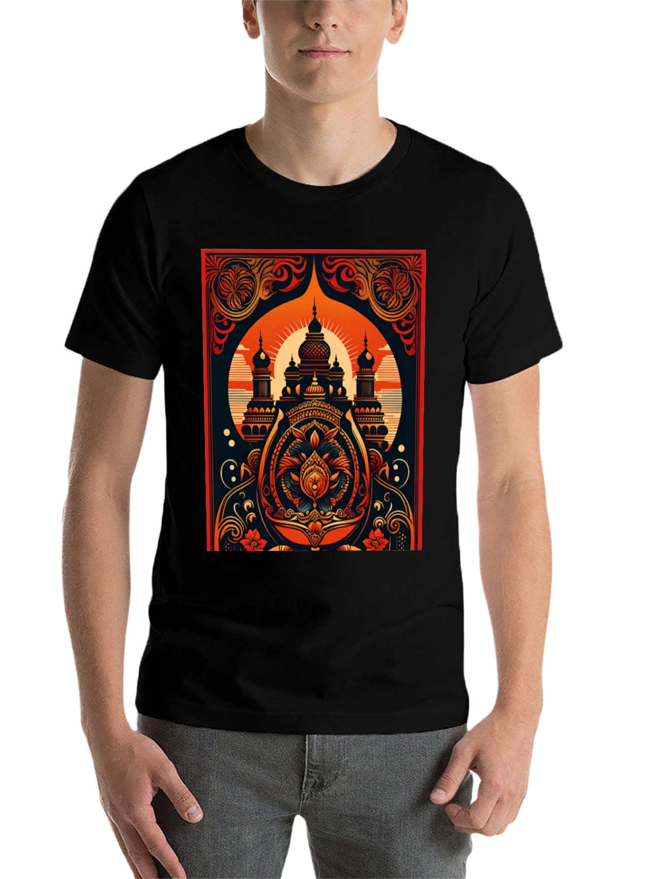 Black Ornate Temple Graphic Tee - Black Cotton Comfort view 7