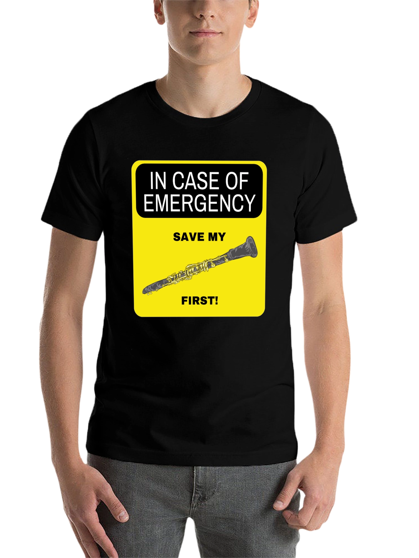 Black Emergency Clarinet T-Shirt - Save My Clarinet First! view 7
