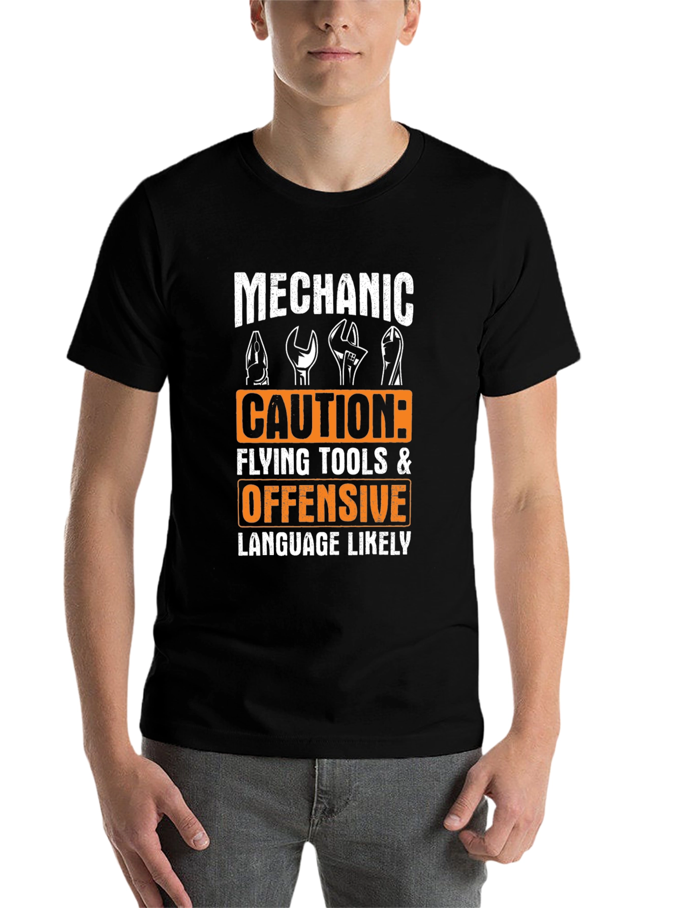 Black Mechanic Caution Offensive Language T-Shirt view 7