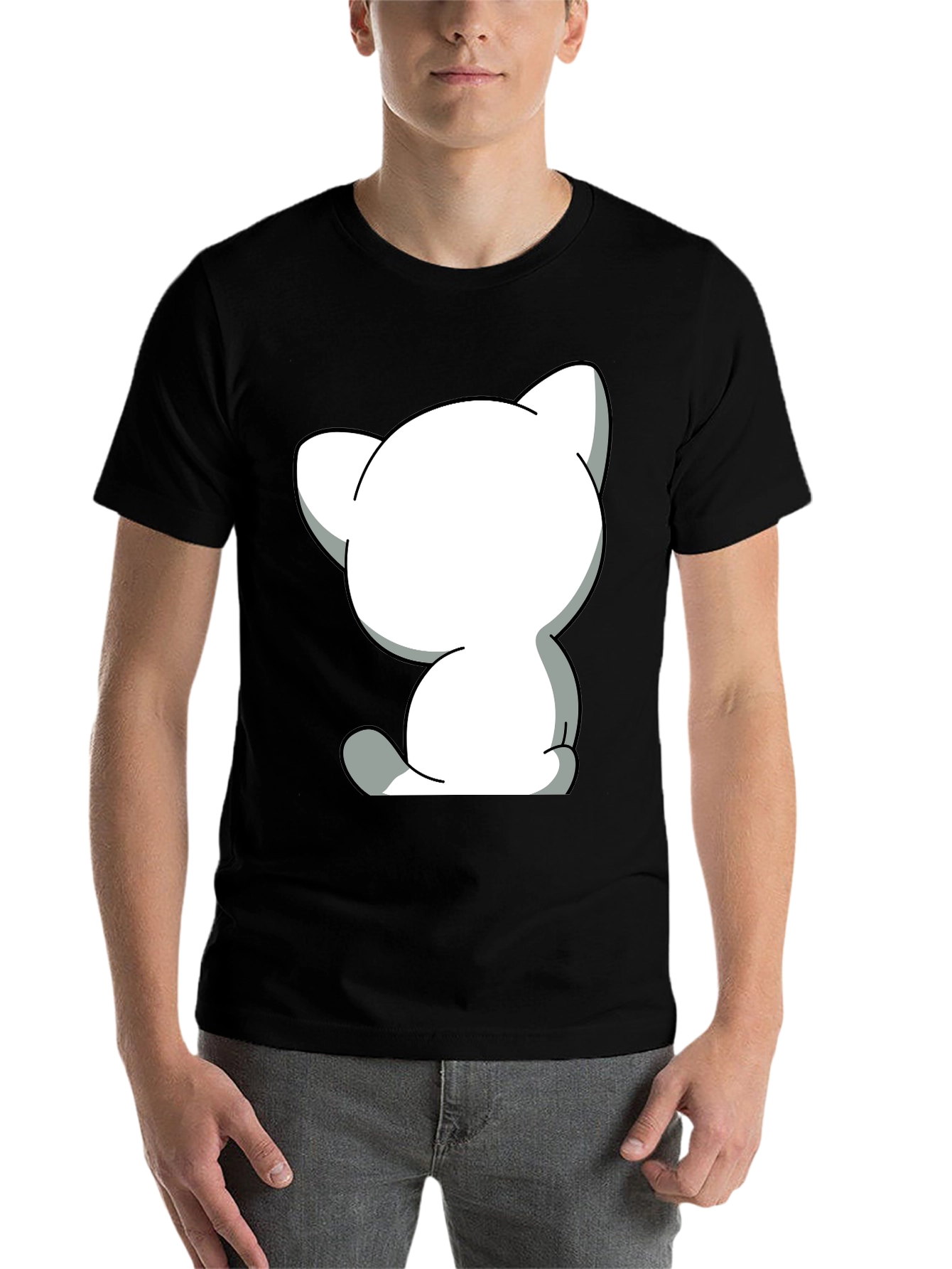 Black Cute Cartoon Cat Graphic Tee - Unisex Black T-Shirt view 7