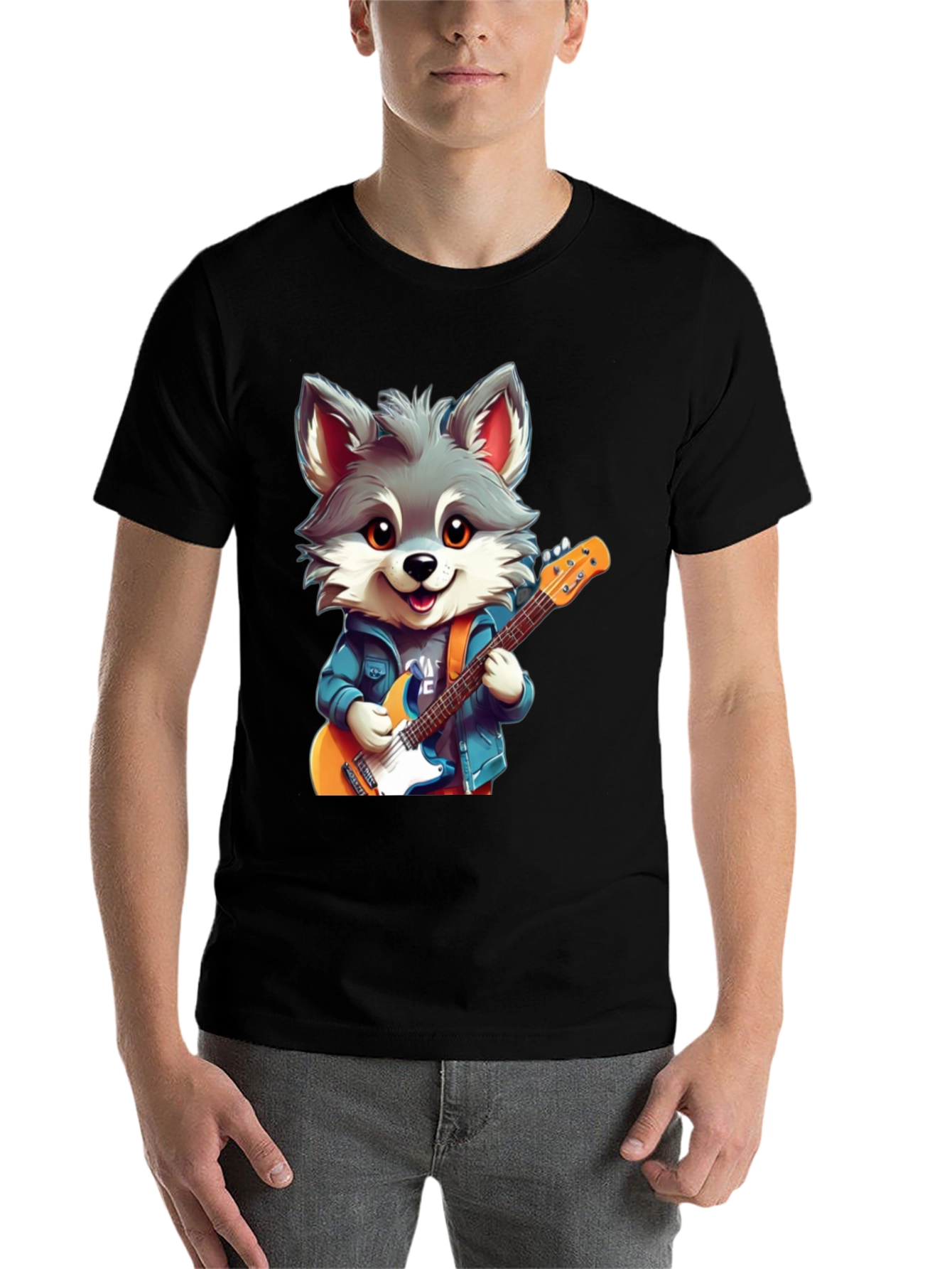 Black Cute Cartoon Wolf Guitarist Graphic Tee view 7