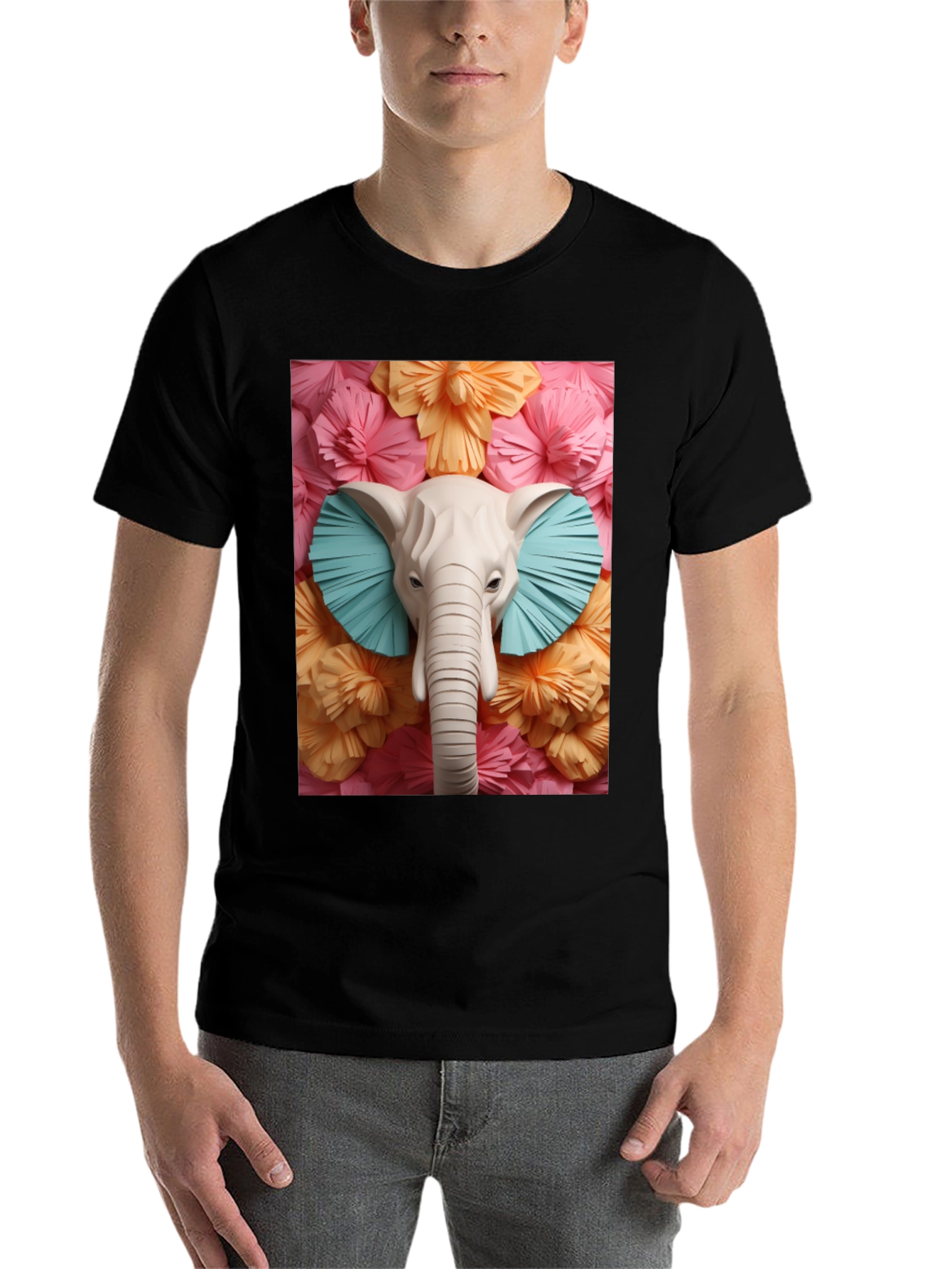 Black Elephant Floral Tee - Unique Graphic Print T-Shirt view 7