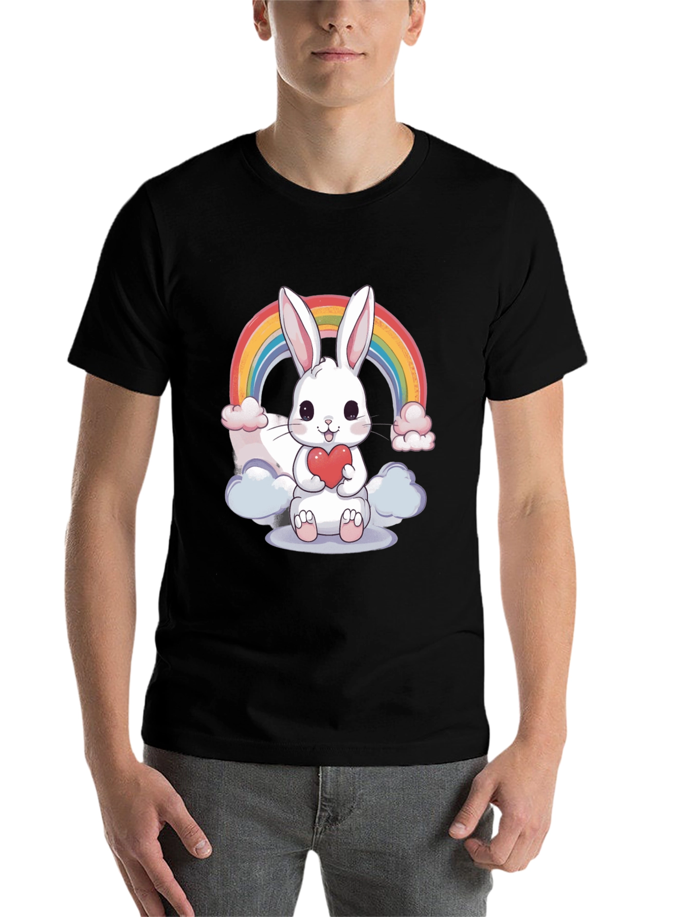 Black Cute Bunny Rainbow T-Shirt view 7