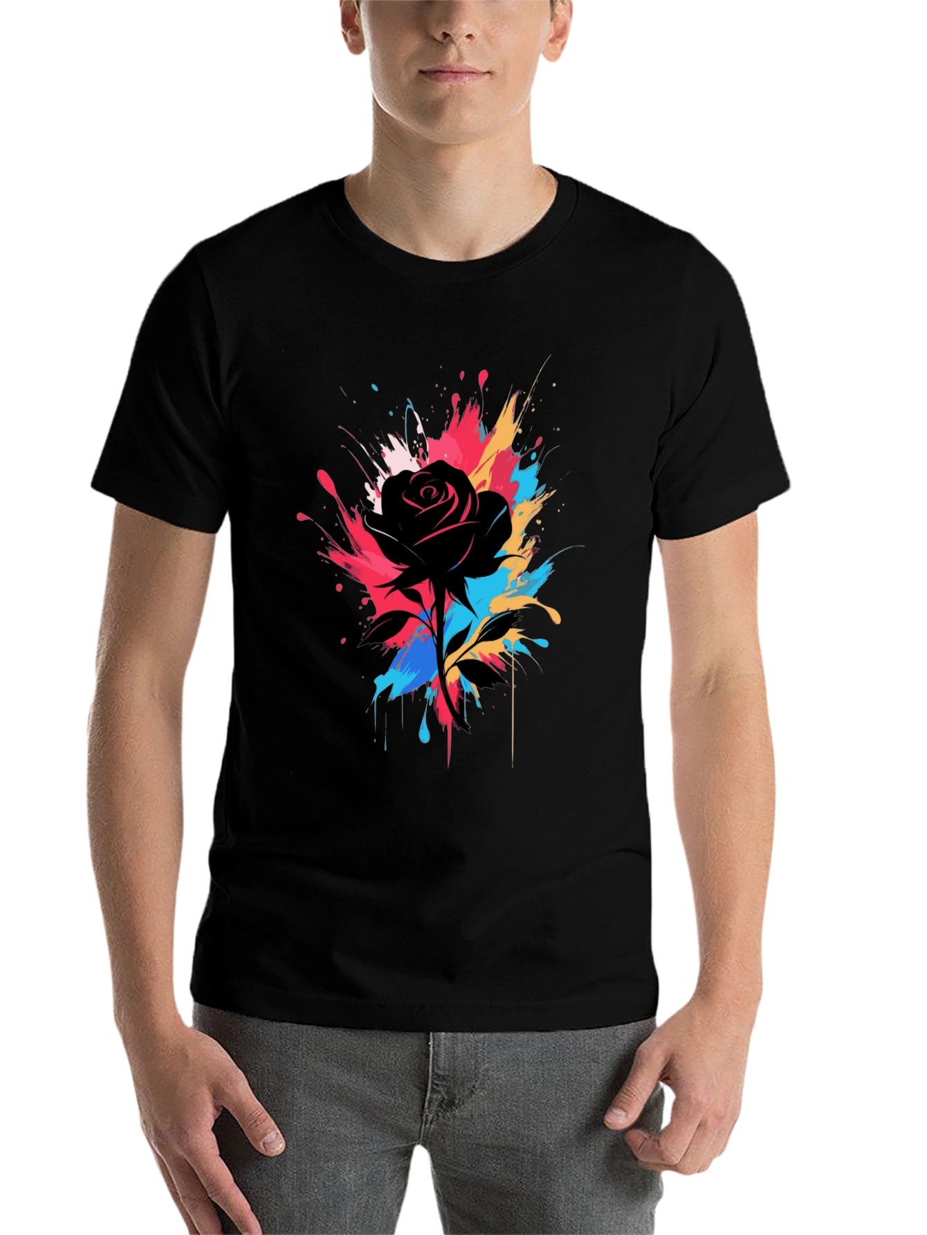 Black Black Rose Splash T-Shirt - Unique Artistic Design view 7