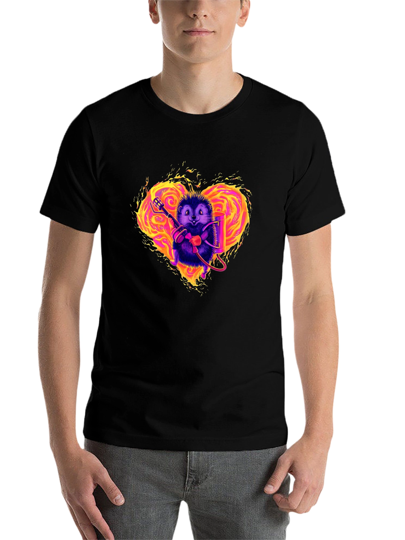 Black Flaming Heart Hedgehog Graphic Tee view 7