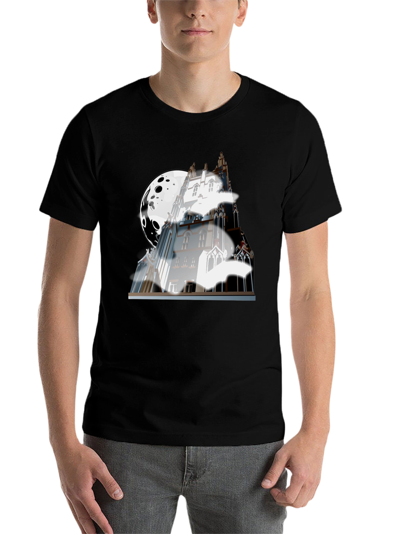 Black Spooky Castle Moon Graphic T-Shirt - Black view 7