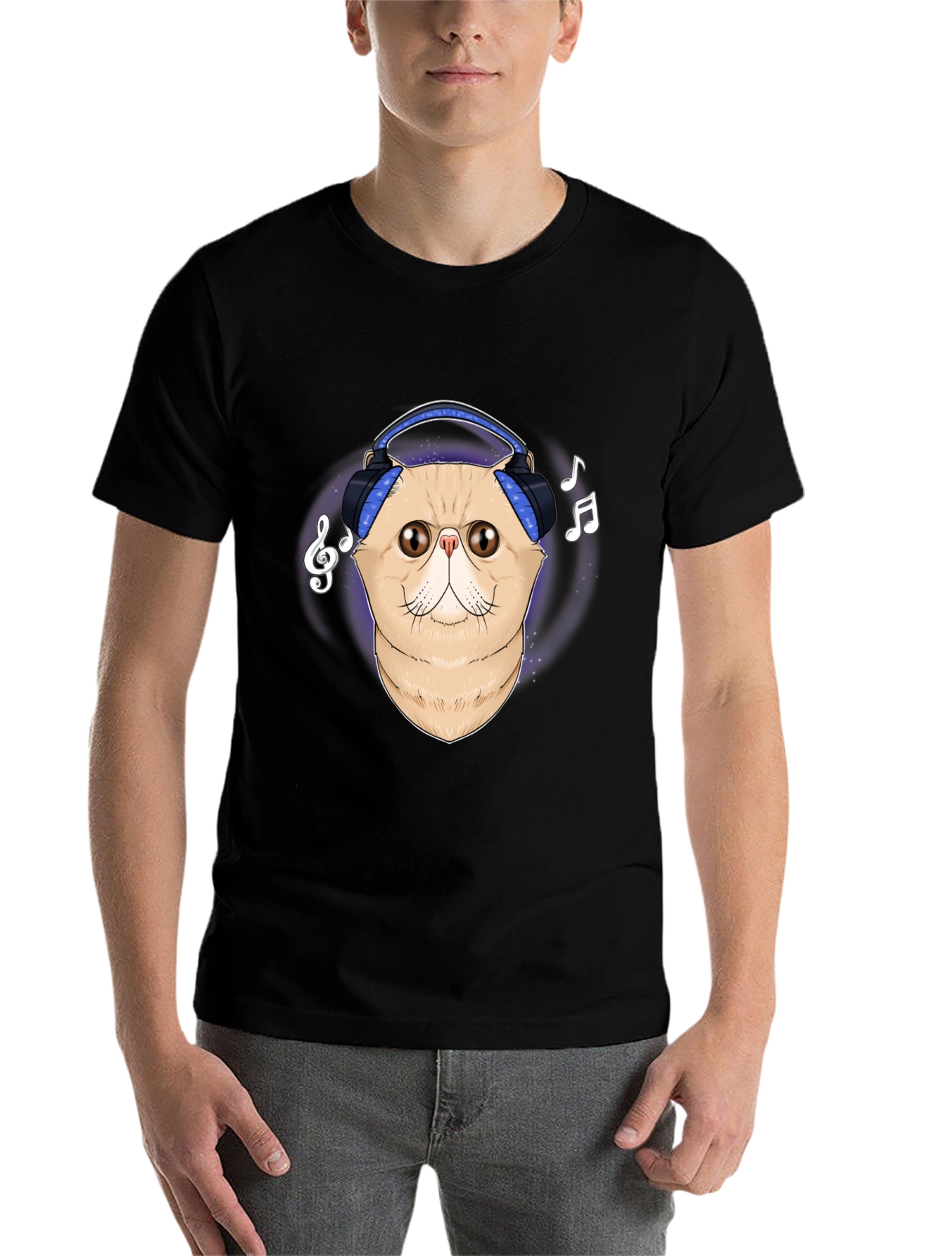 Black Cool Cat Headphones Graphic T-Shirt view 7
