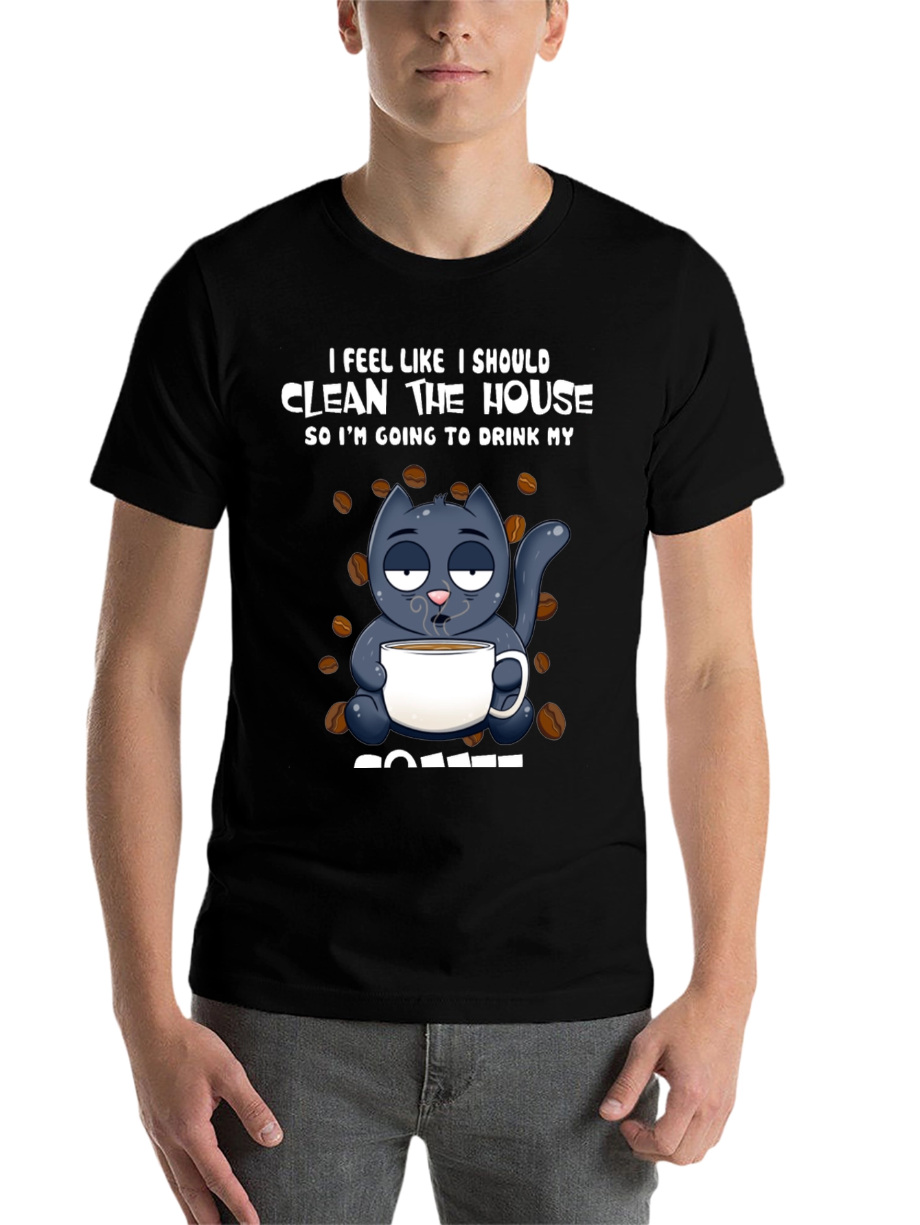 Black Humorous Cat & Coffee Graphic T-Shirt view 7
